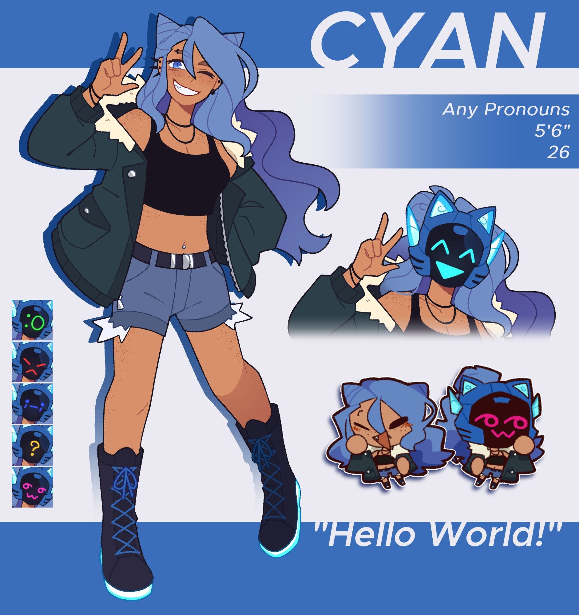 Reference sheet for Cyan.
She's a light brown skinned person with blue, wavy long hair in two horn shaped buns, blue eyes and a grin. She wears a black cropped, dark green jacket with a fur hood, denim shorts and black boots with glowing soles. She has piercings on her ears and one on her right eyebrow.

The other bust shows her with a blue helmet, it has a screen for a face. It has cyan antennas on both sides, speaker cheeks and cat ears.

Text reads:
- Any pronouns
- 5'6"
- 26 years old

Quote reads: "Hello world!"