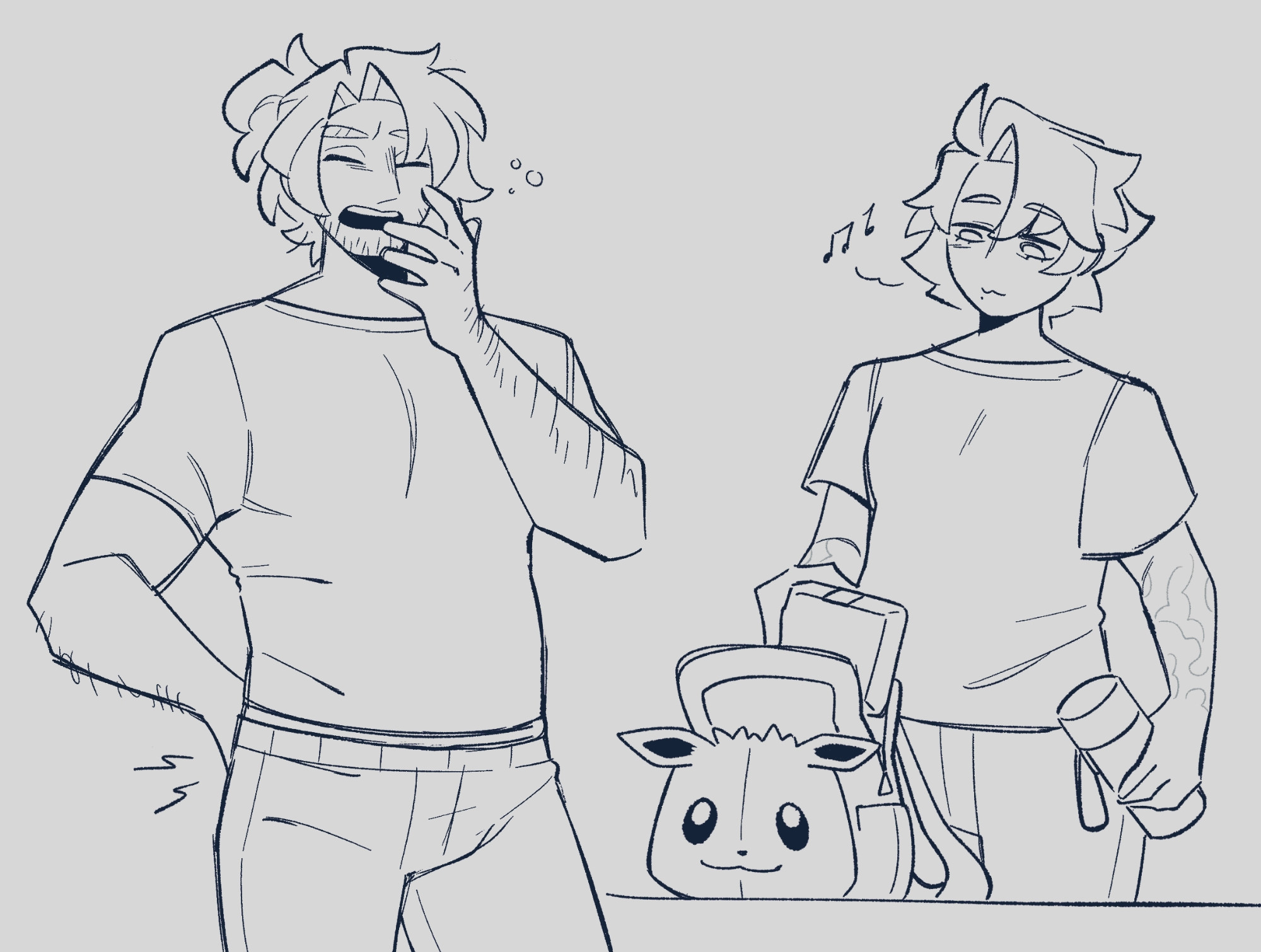 Doodle of Luis and Danna in their middle age. Luis is yawning and pushing his lower back. He wears a t-shirt and sweatpants, and his hair is tied in a bun

Danna, on the right, is preparing a school ag for their daughter. She's holding a water bottle in one hand, and putting a lunchbox inside with the other. She's humming while doing so. The bag is Eevee themed