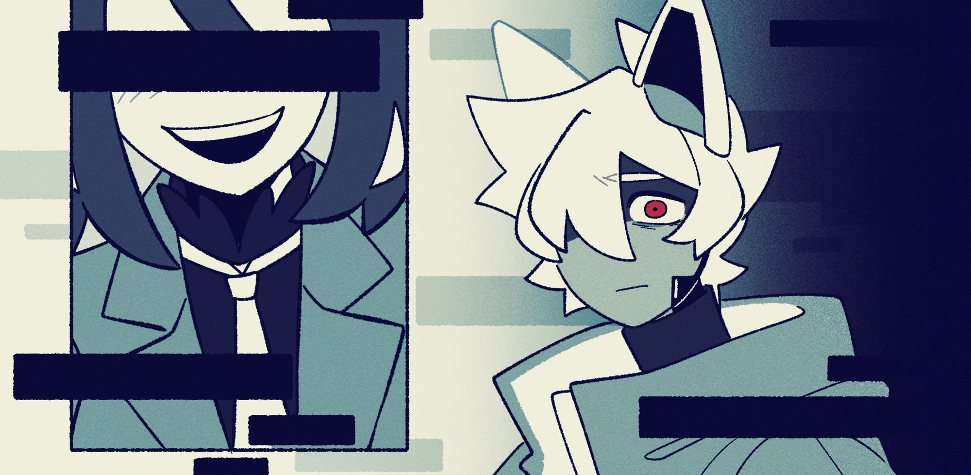 Panel illustration in blue hues.
On the left, a crop of a woman's face, smiling, eyes covered by black glitch static. On the right, a white haired person with mechanic fox ears and a jacket. Their bangs cover their right eye, and the left is shown as the only red tone in the drawing. They have a hesitant, scared expression.