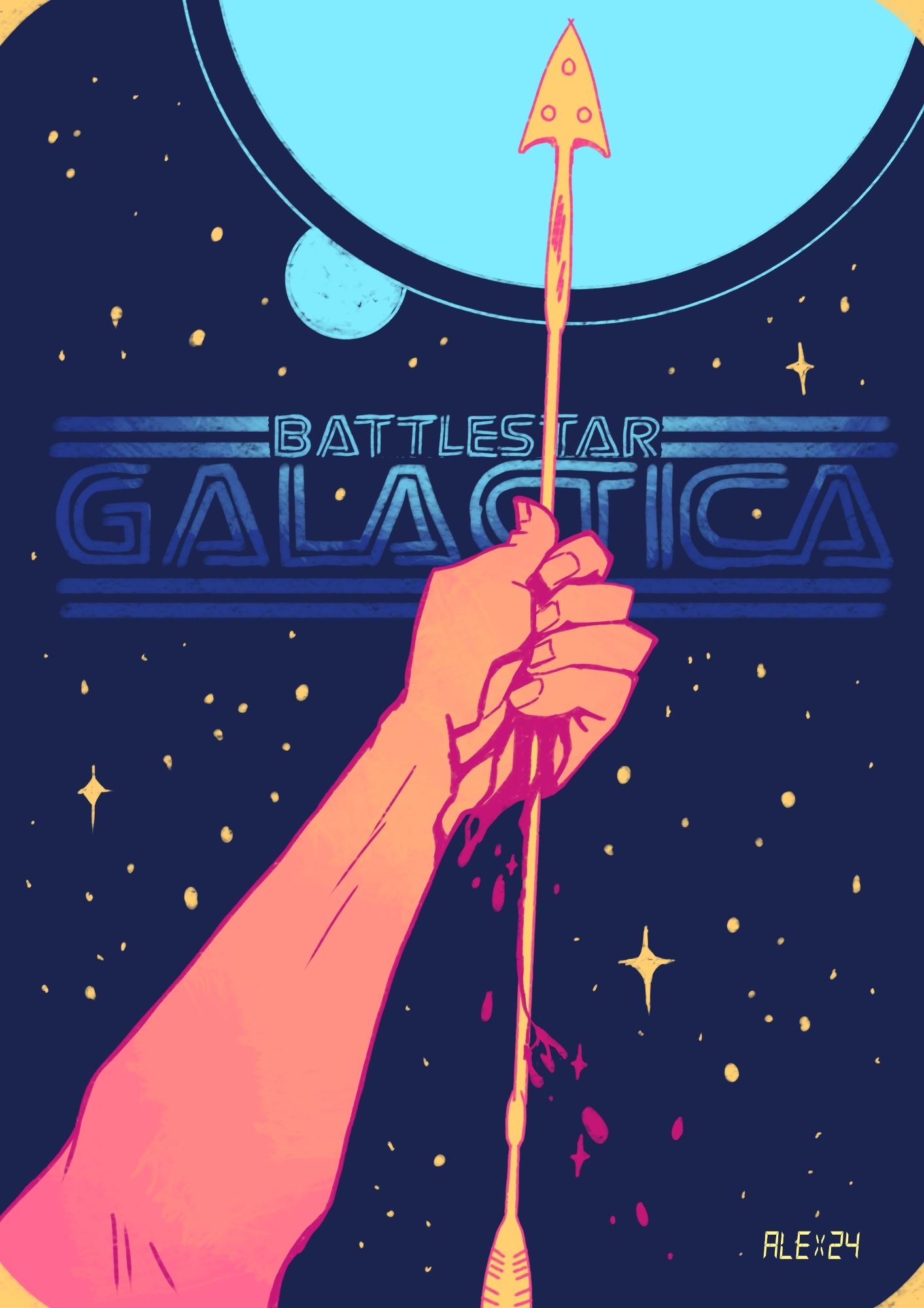 An illustration of a bleeding hand holding an arrow. The arrow points towards a blue circular shape. Battlestar galactica logo is in the background