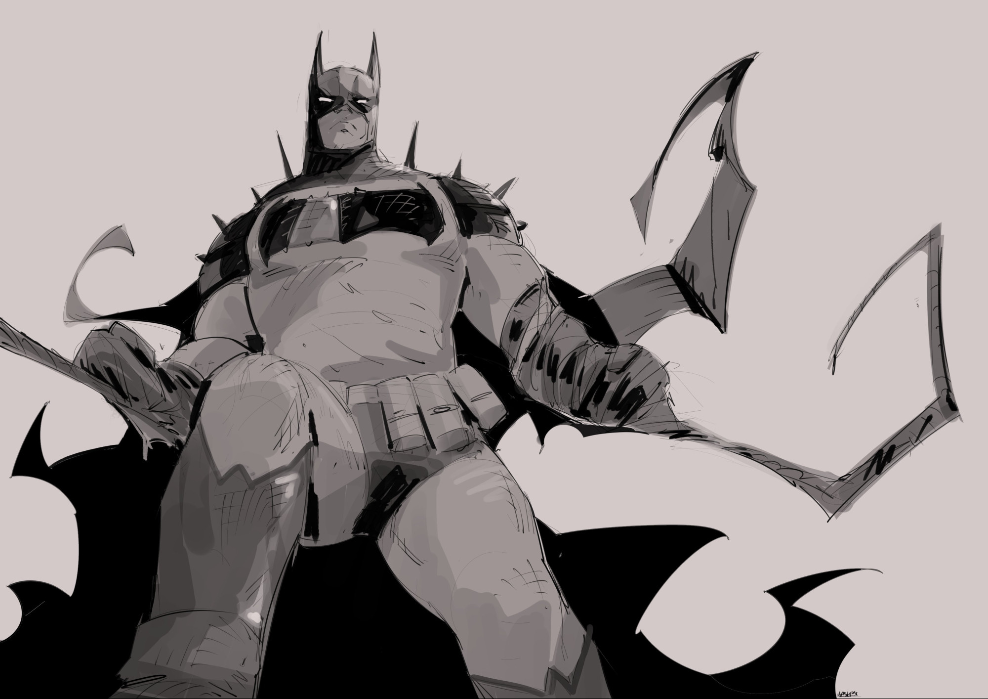 Absolute Batman with the much thicker and wider bat-symbol standing over the point of view over a gray background. Art by mashtateos on X