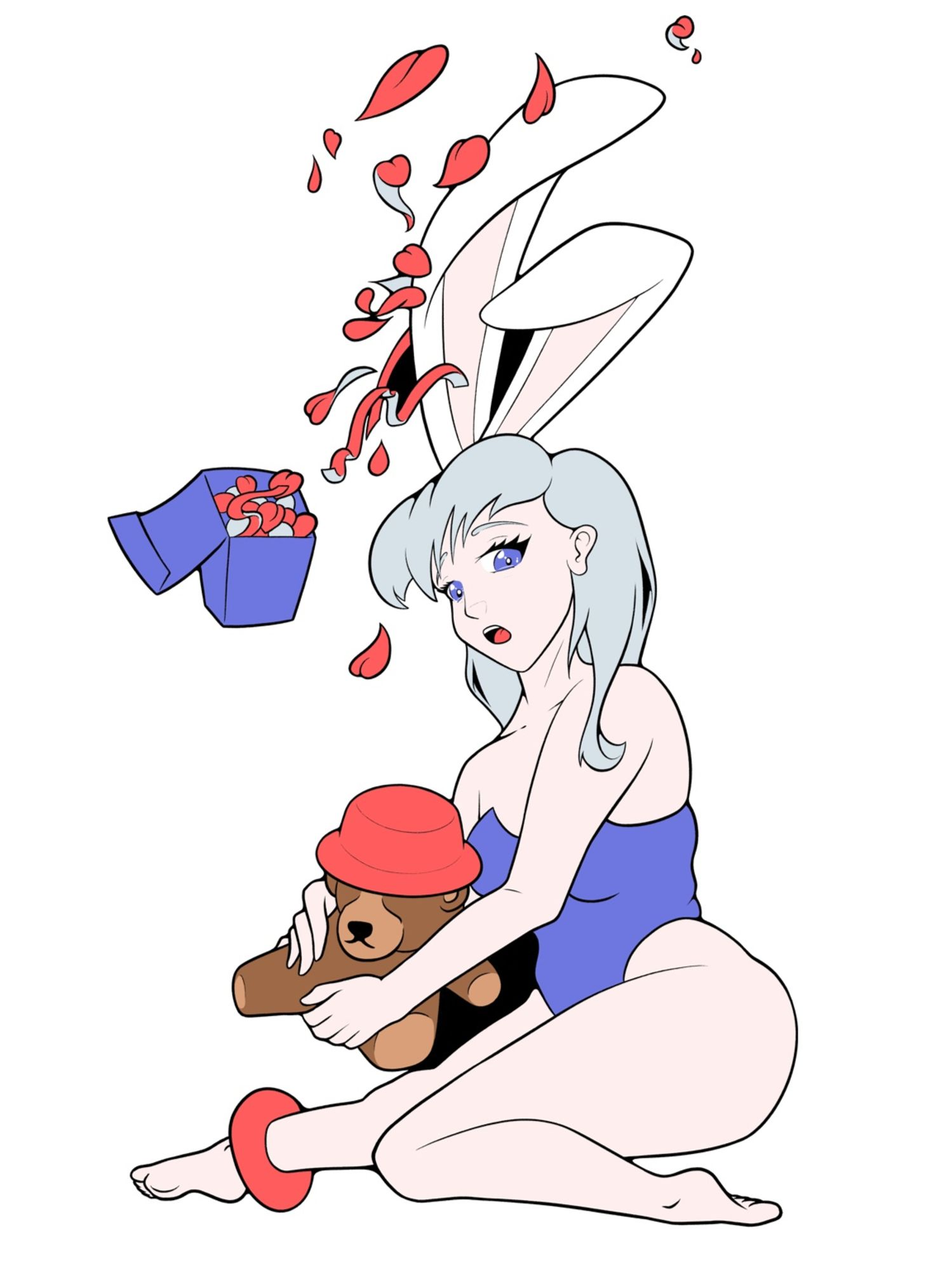 Digital drawing, flat-shaded, of a woman wearing a blue bunny girl costume with long rabbit ears on her head. She is sitting on the ground, holding a teddy bear with a red hat. Confetti are flying over her head from a floating blue box.