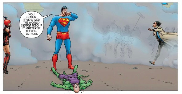 Panel from the Superman comic “All-Star Superman.” Superman is standing over the prone form of a defeated Lex Luthor. Superman says: “You could have saved the world years ago if it mattered to you, Luthor.”