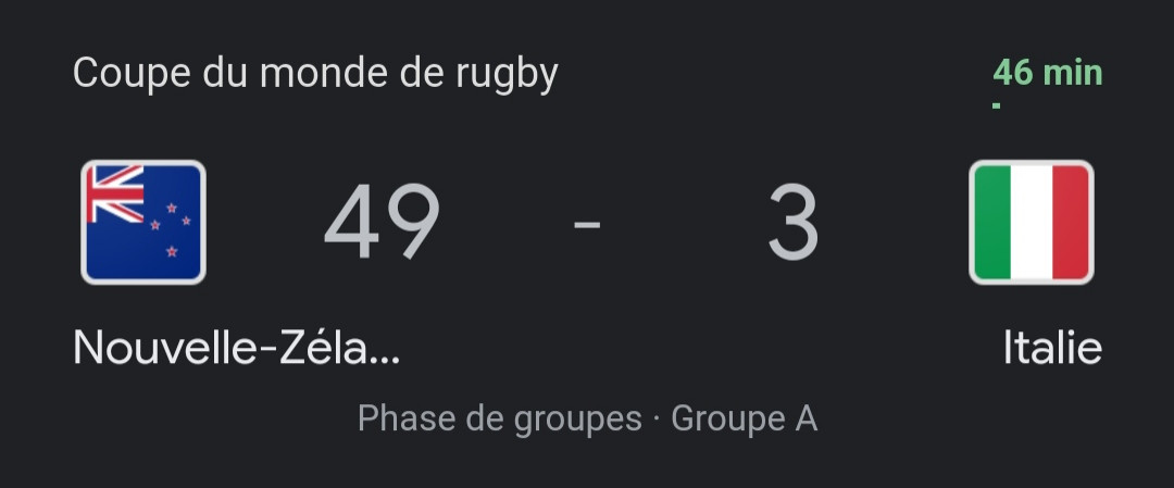 Coupe du monde de rugby :
Nouvelle Zélande : 49 -- 3 : Italie