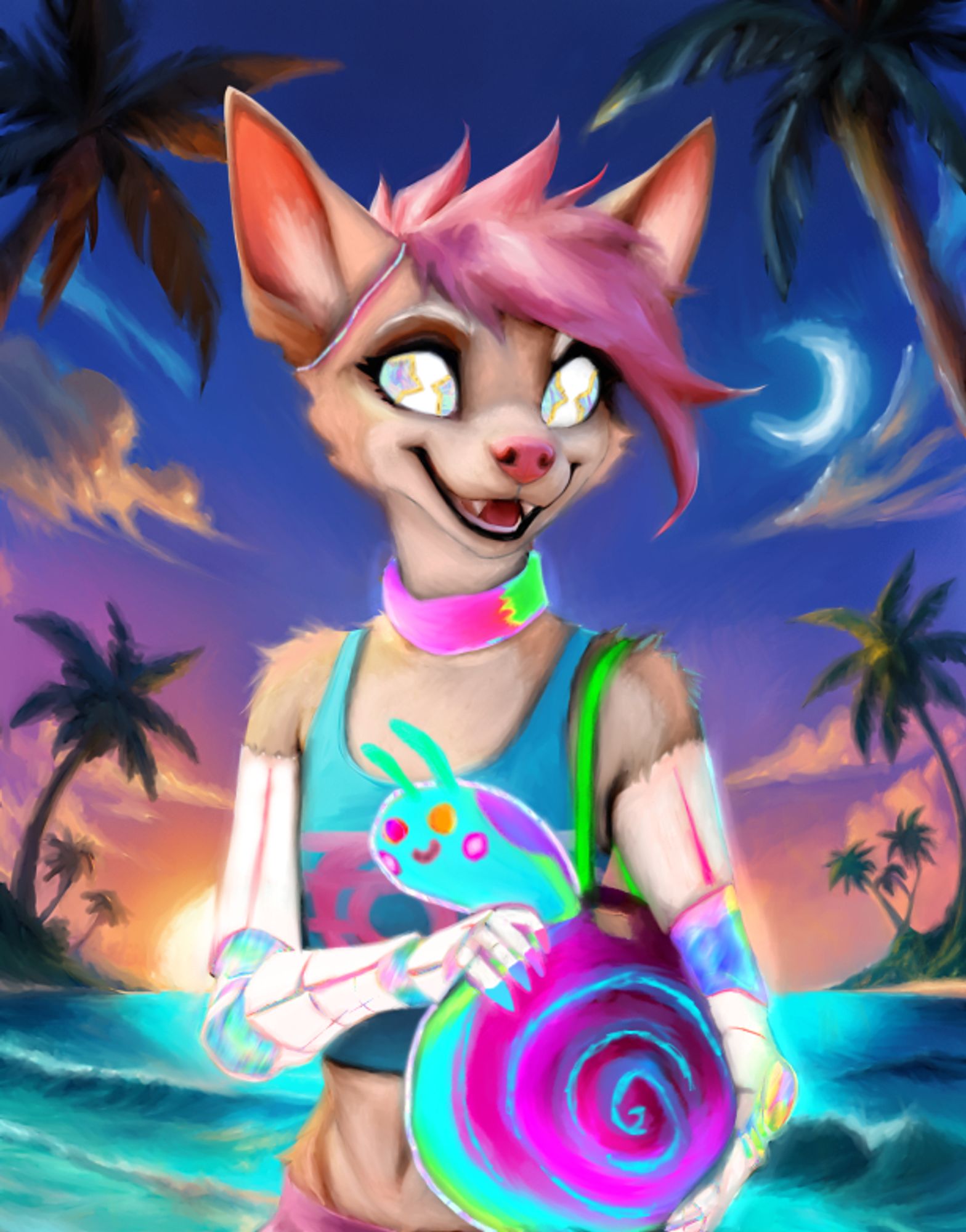 Fink the robot dog vibing on the beach with her snurse, wearing a pink and blue tanktop. Her eyes have rotating stars on them and her robotic parts are flashing vaporwave rainbows.