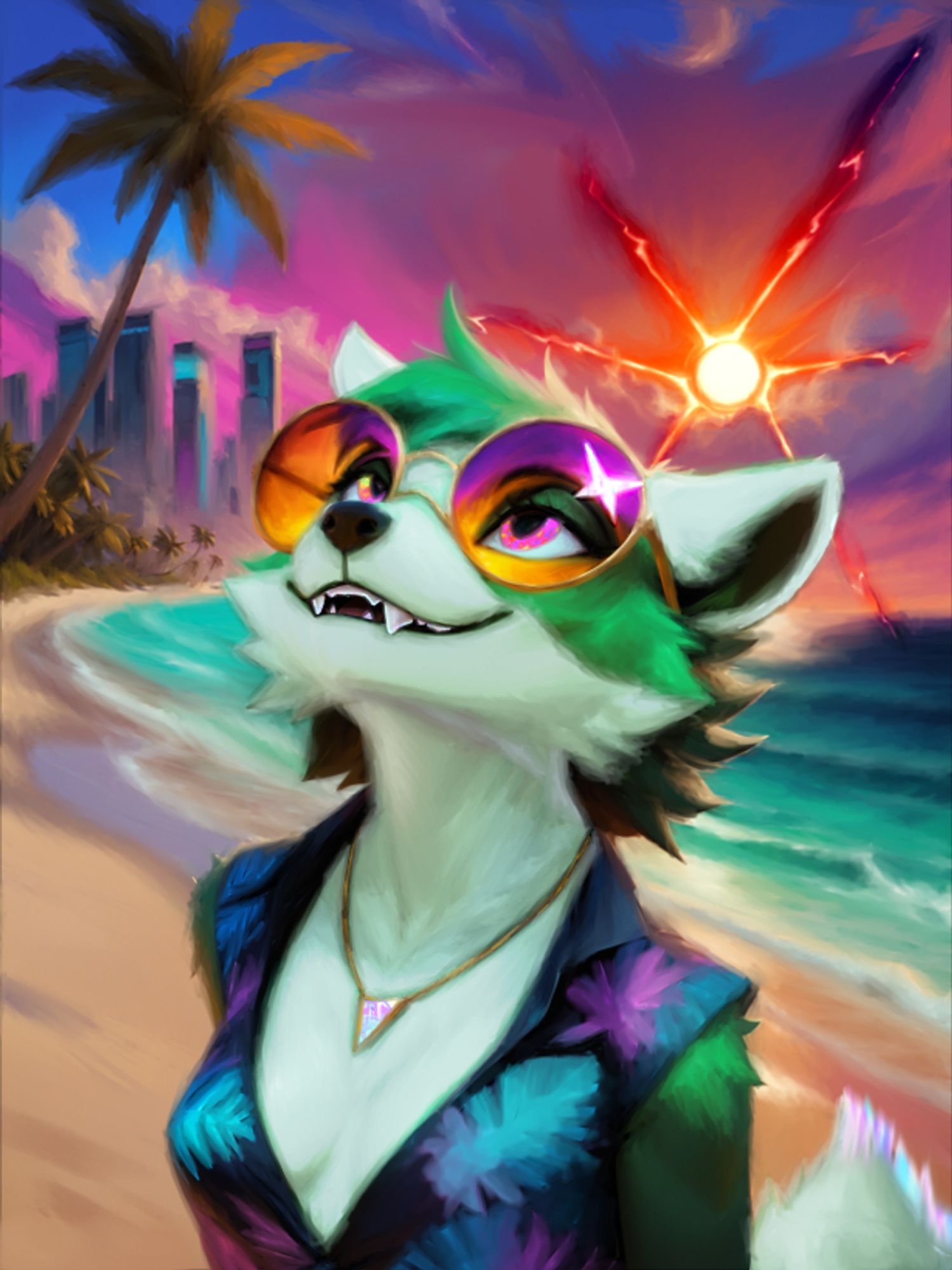 Kalli the raccoon wearing golden sunglasses, standing in front of a beach and tropical cityscape, painted in vaporwave-esque colours. She is looking up at the sky as a sun throws rays of fire behind her.