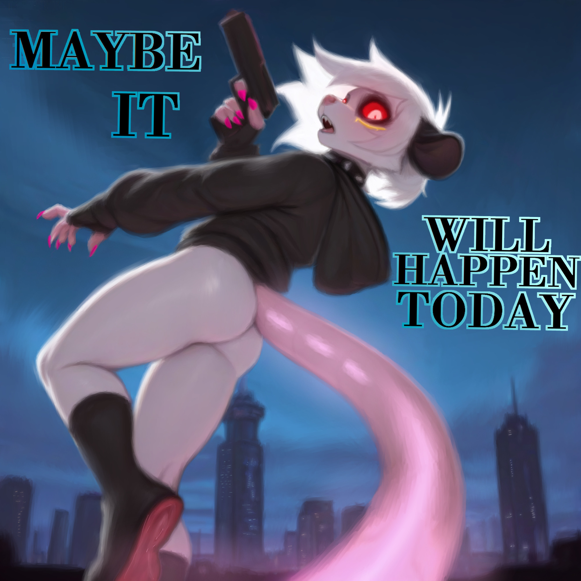 Ani the opossum seen from behind, contorted in a strange position with its tail-weapon activated, holding a pistol. There is a city at dawn or dusk behind it, with bold, backlit text saying "Maybe it will happen today".
