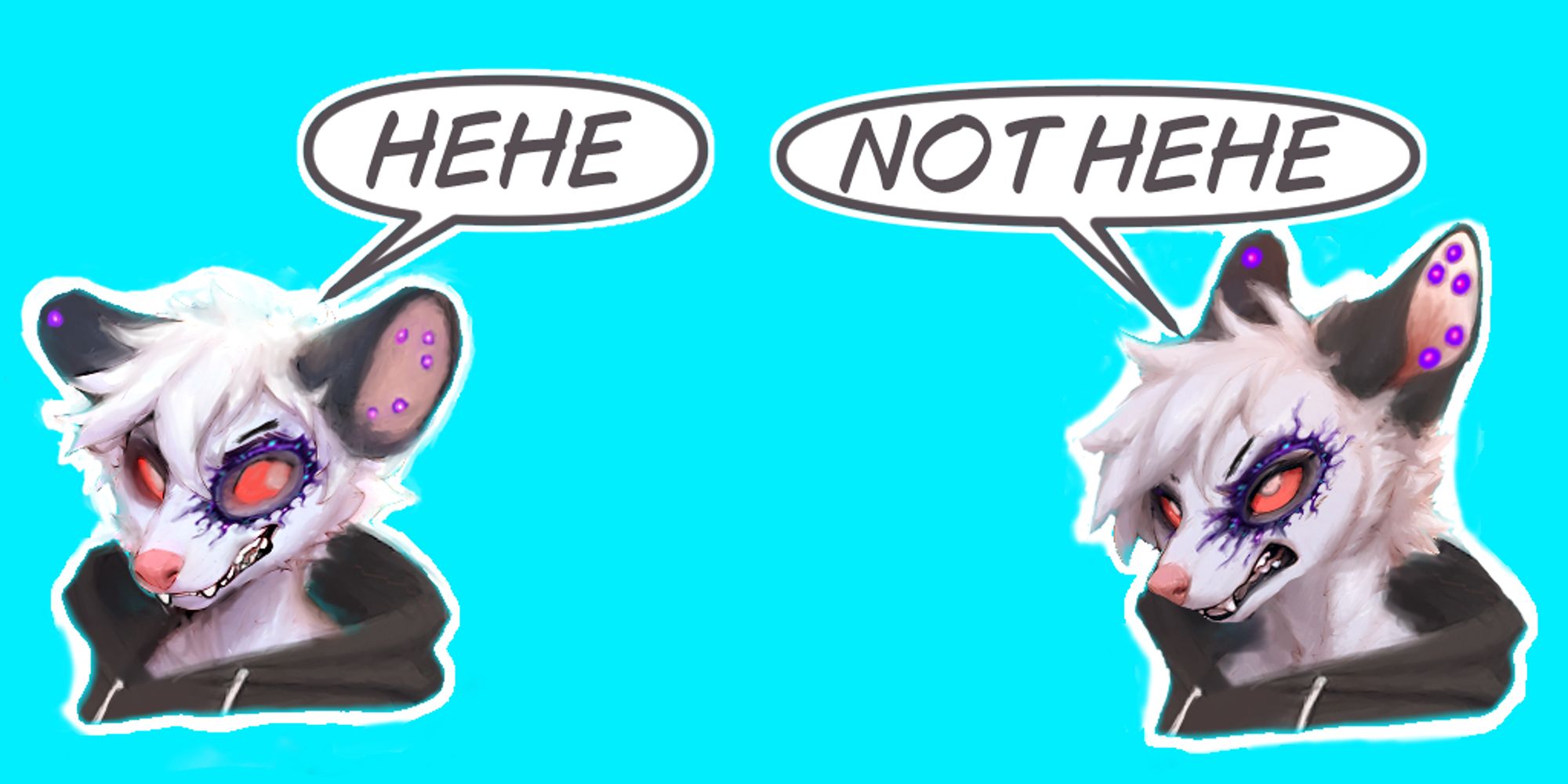 Two versions of Ani the opossum's head, wearing a black hoodie. It's saying "Hehe" on the left and looks mischevious, and saying "Not hehe" on the right, looking angry.