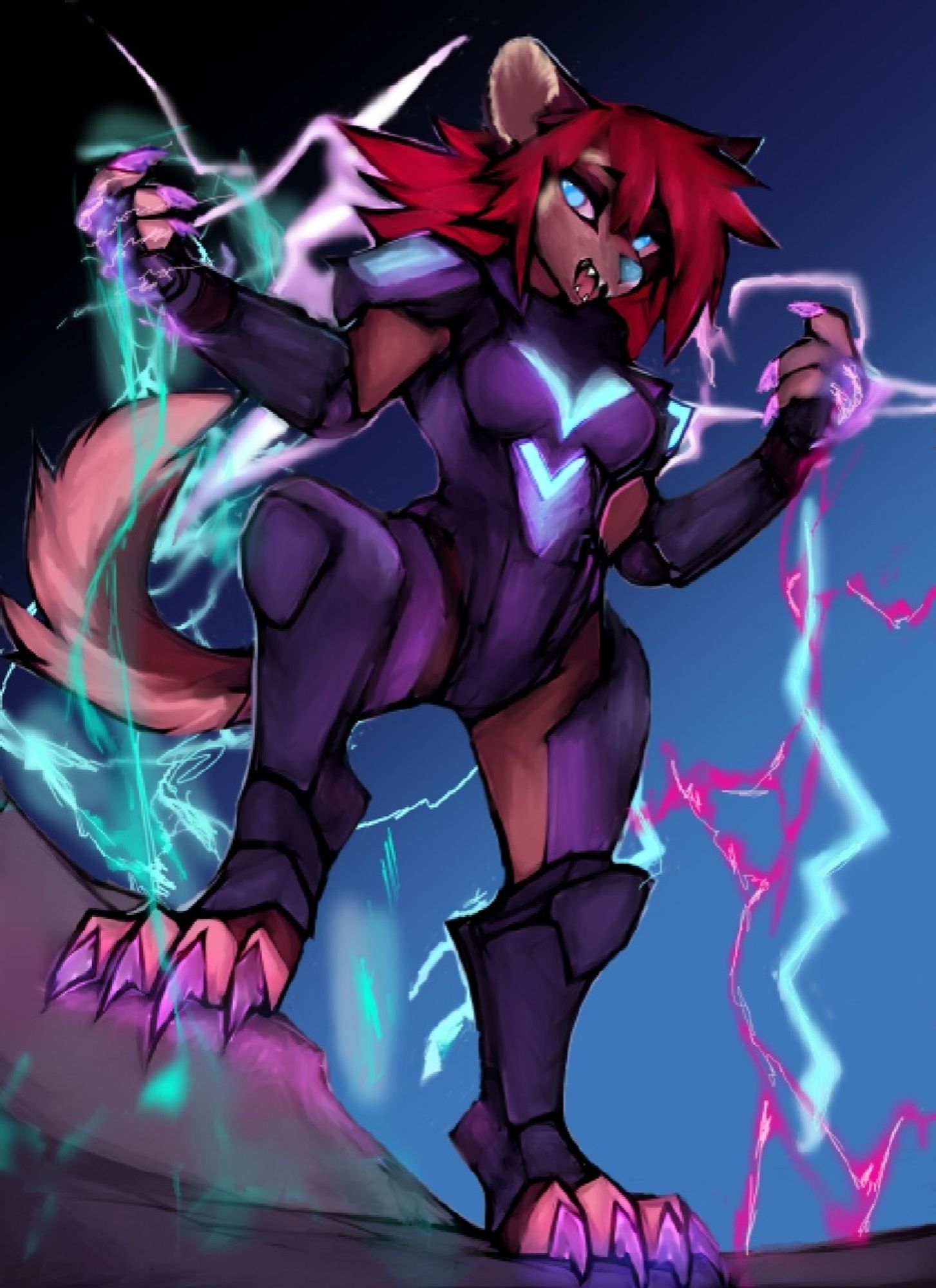 Cooper the wolverine in purple power armor, colorful lightning crackling around her as she powers up.