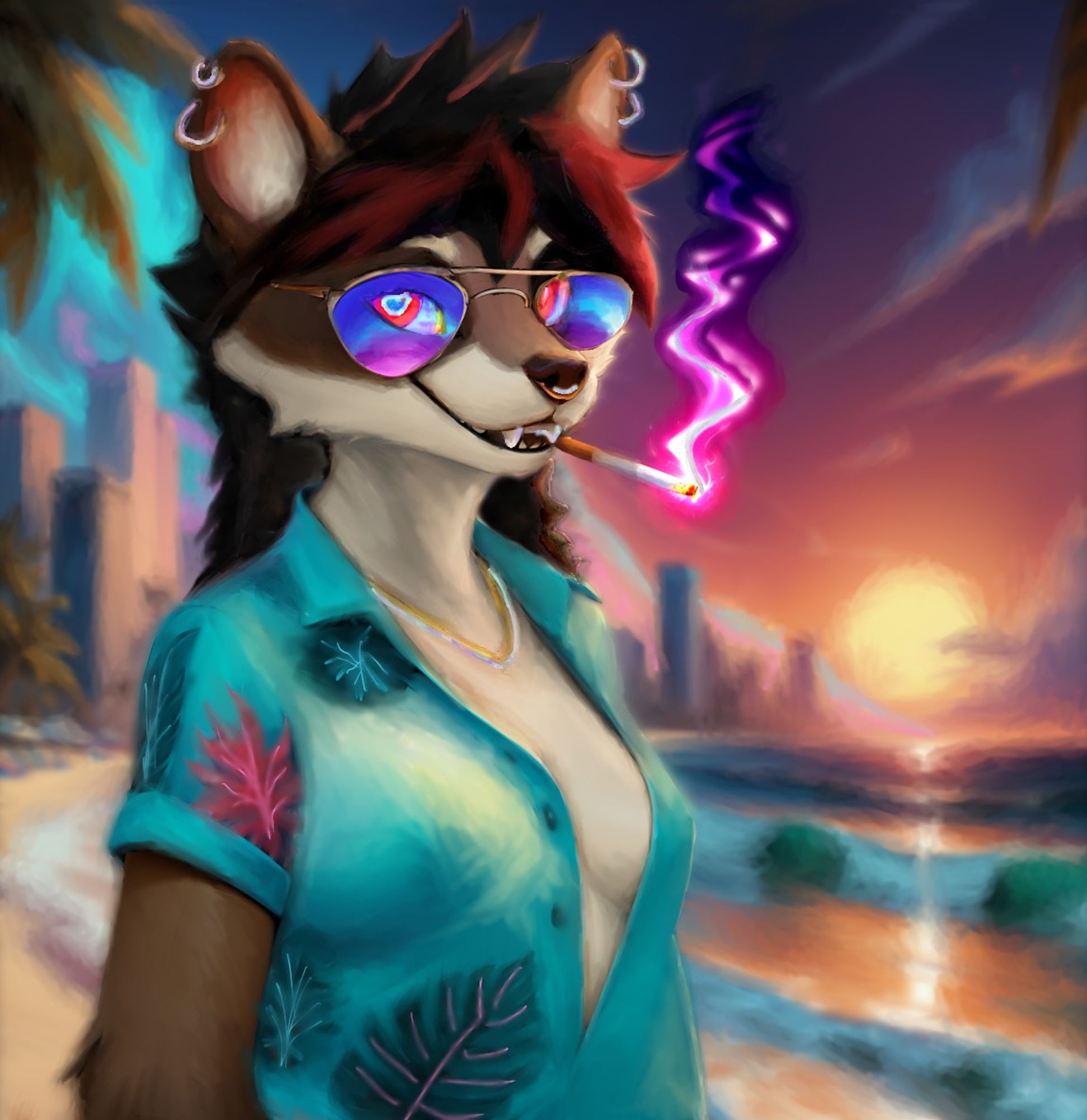 Sammy the racoon wearing aviator sunglasses and a teal hawaiian shirt, standing in front of the beach and ocean at sunset and smoking a glowing cigarette.