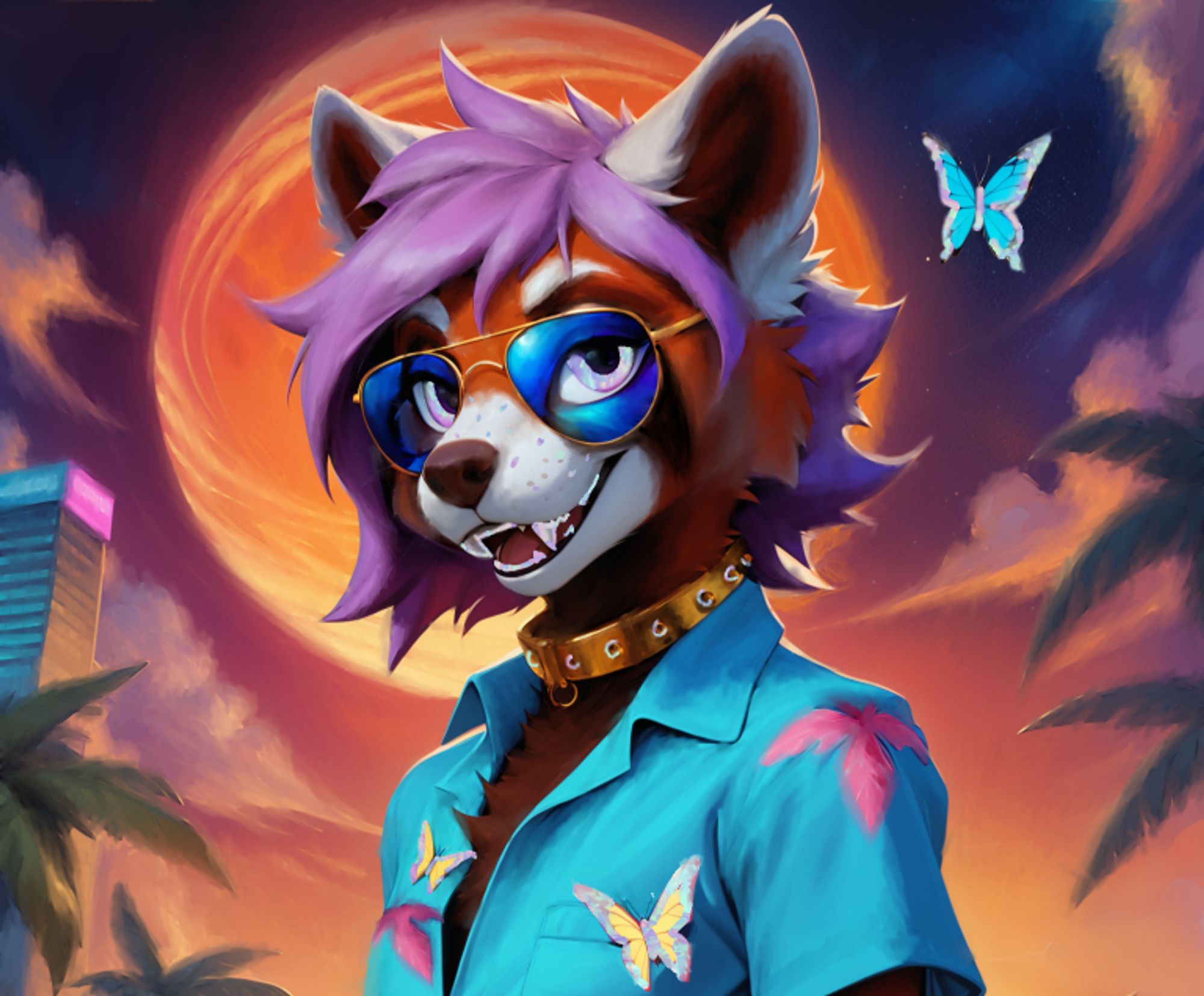 Uni the red panda in a light blue Hawaiian shirt, in a tropical sunset background. There are iridescent butterflies on his shirt and next to his head.