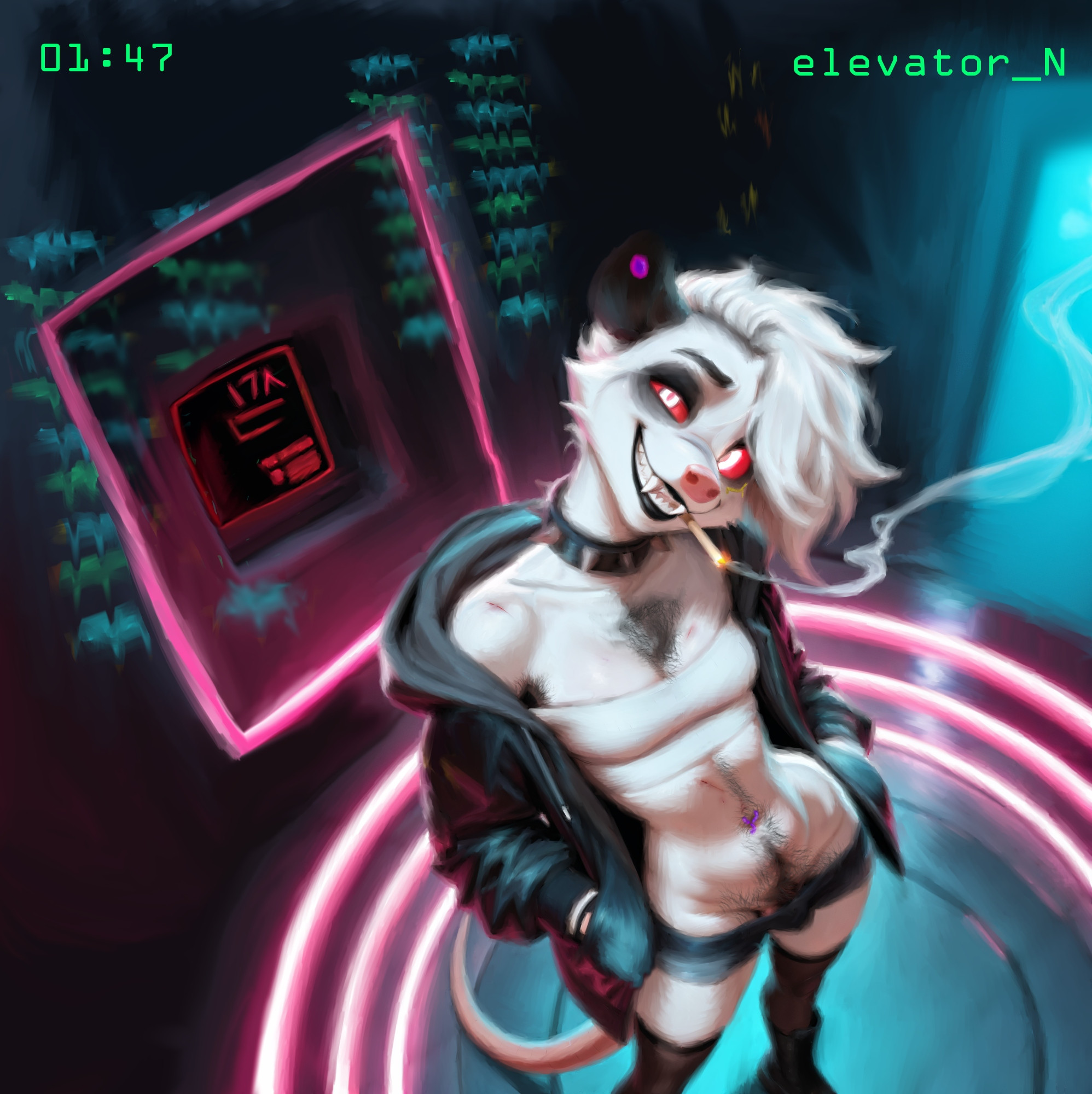 Ani the opossum seen through the camera in a glass elevator. It's wearing a black hoodie and white top, and is standing with tilted head and manic grin, hands in its pockets. A little cigarette dangles from its mouth.