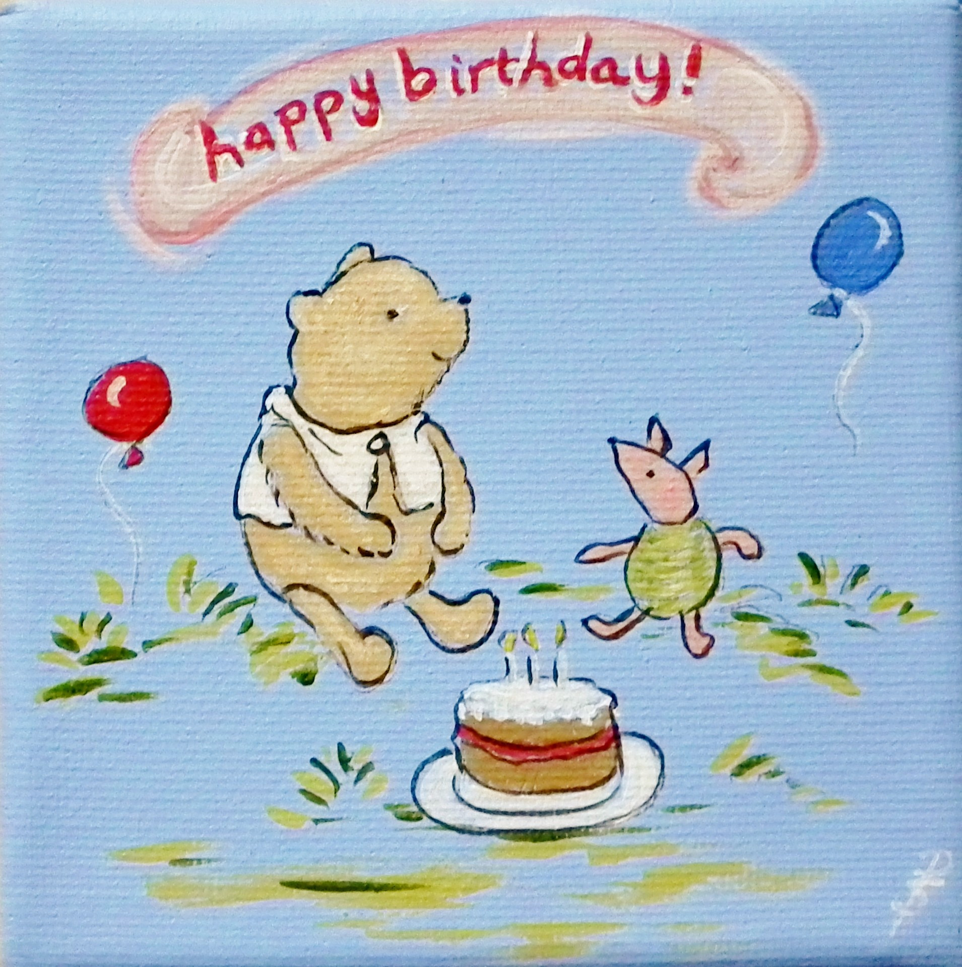 a painting of Winnie the Pooh and Piglet celebrating AA Milne's birthday