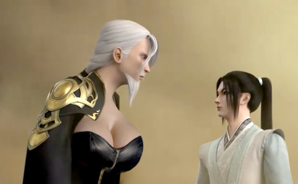 screenshot of scumbag system where meng mo is looming over young luo binghe, edited so that meng mo has enormous bazongas in a leather bustier