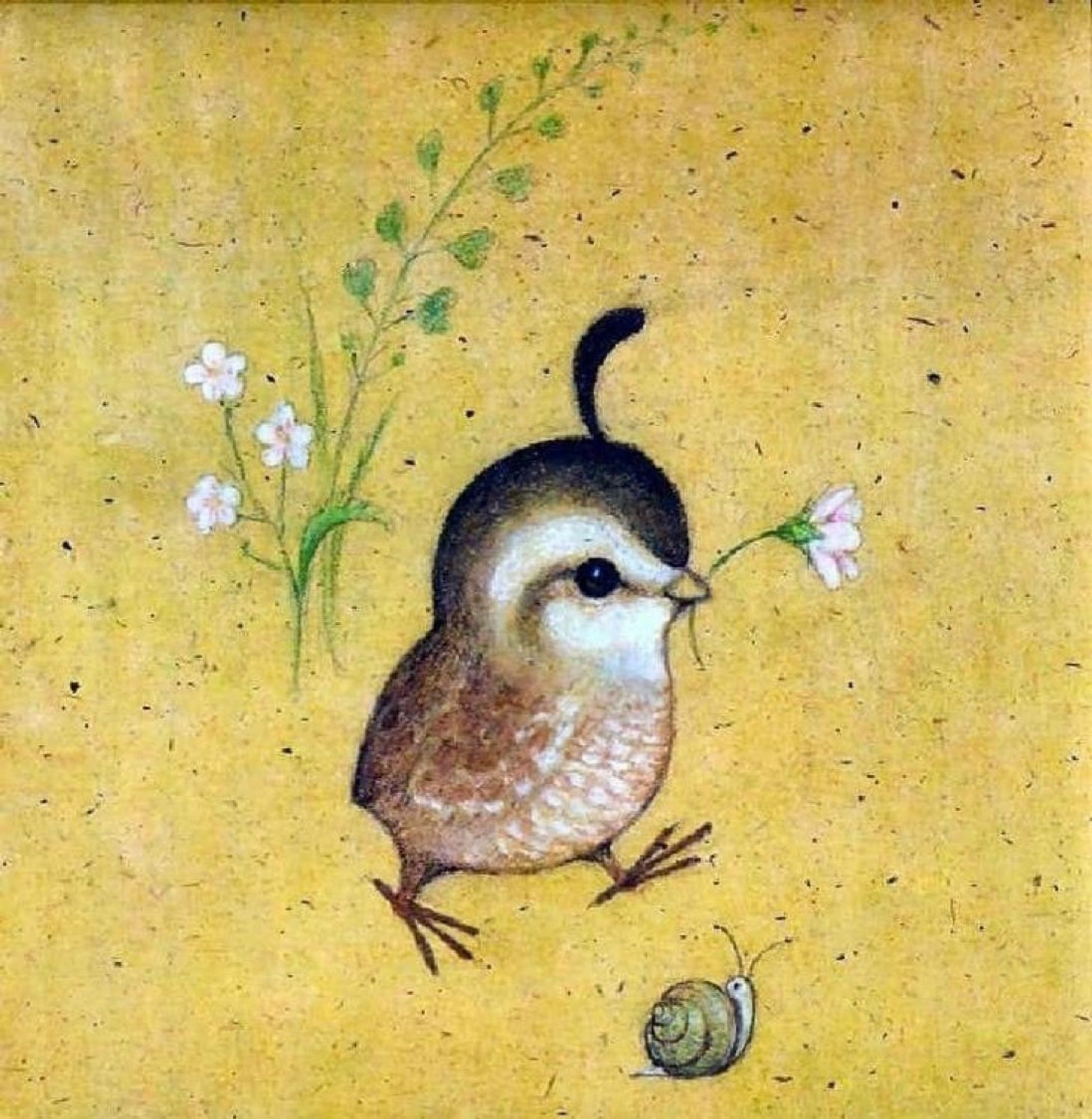 Adorable chick with an ahige and a pink flower in its mouth walking next to a cute snail.