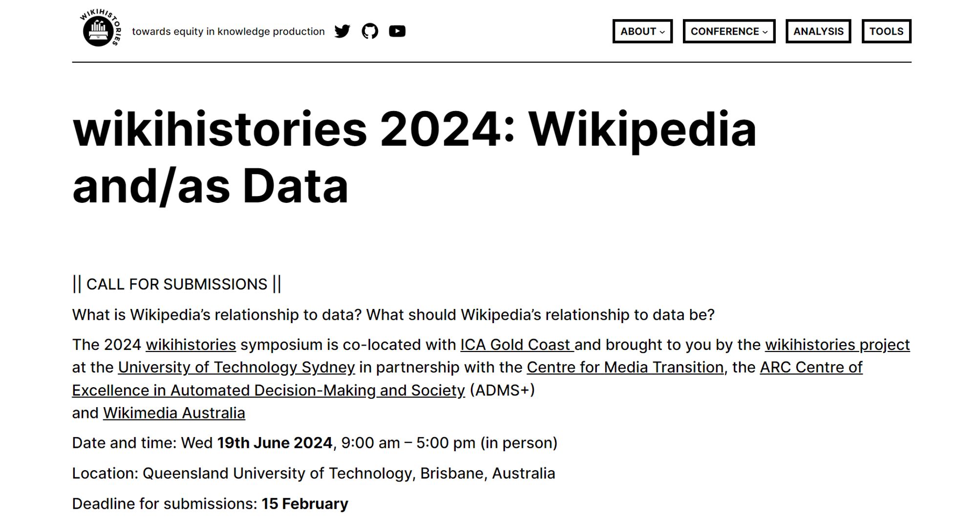 Image of Wikipedia and/as Data website header listing information.