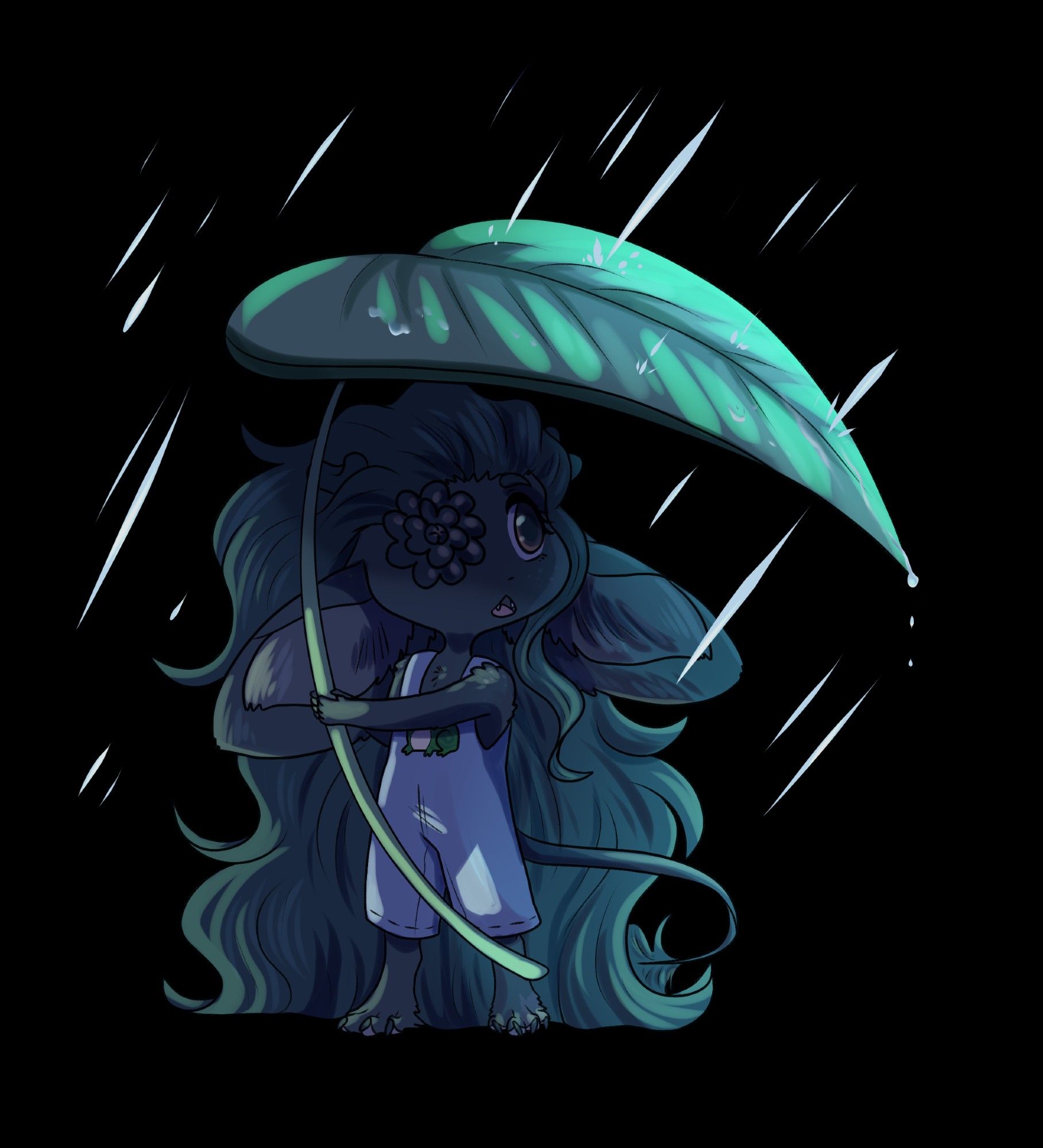 Megrez, kemonomimi with long deer ears and unicorn tail, holding a giant leaf above his head to shelter himself from the rain!