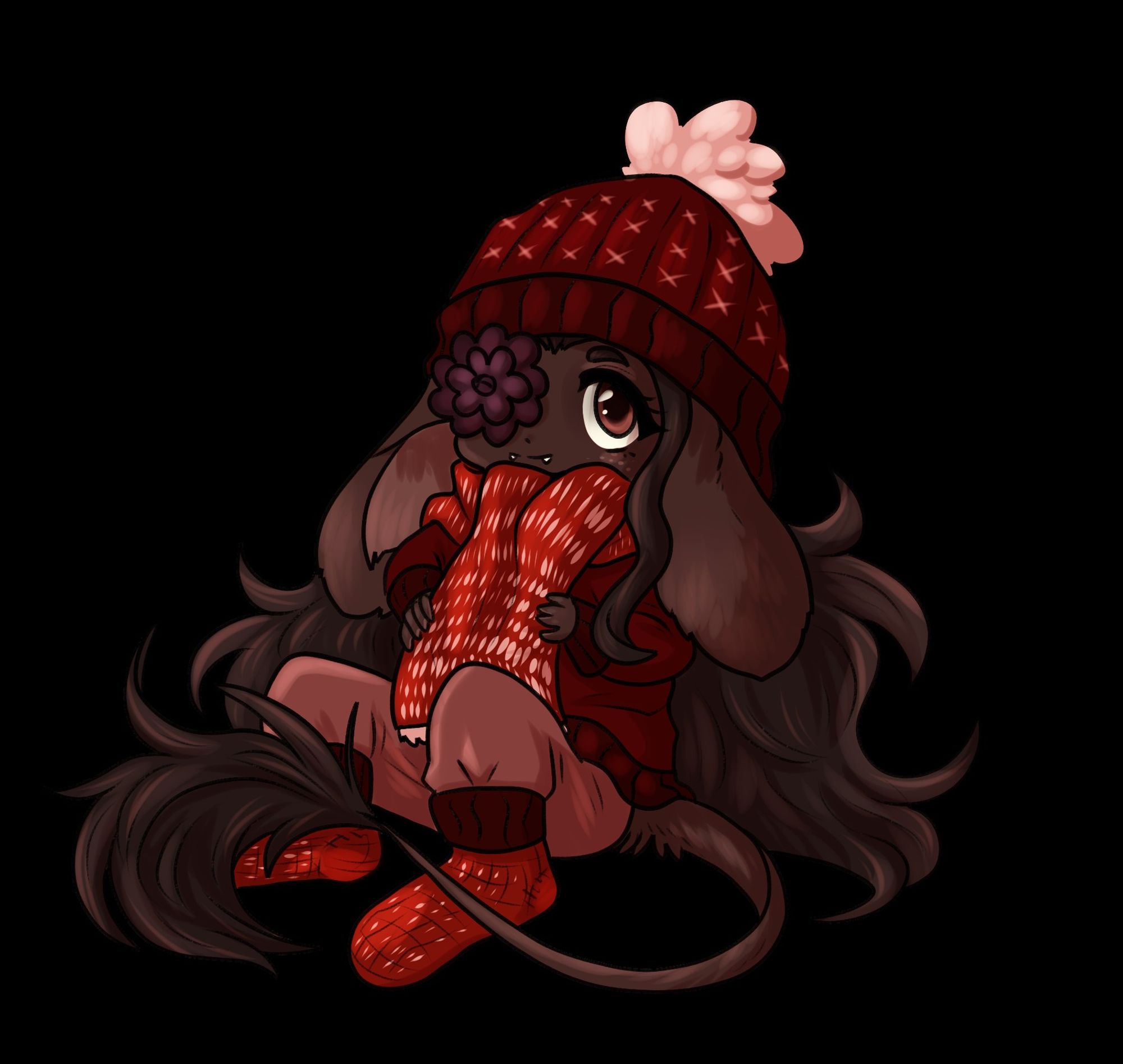 Megrez, kemonomimi with long deer ears and unicorn tail, wearing wooly socks, a thick scarf and a wooly beanie for the cold days coming.