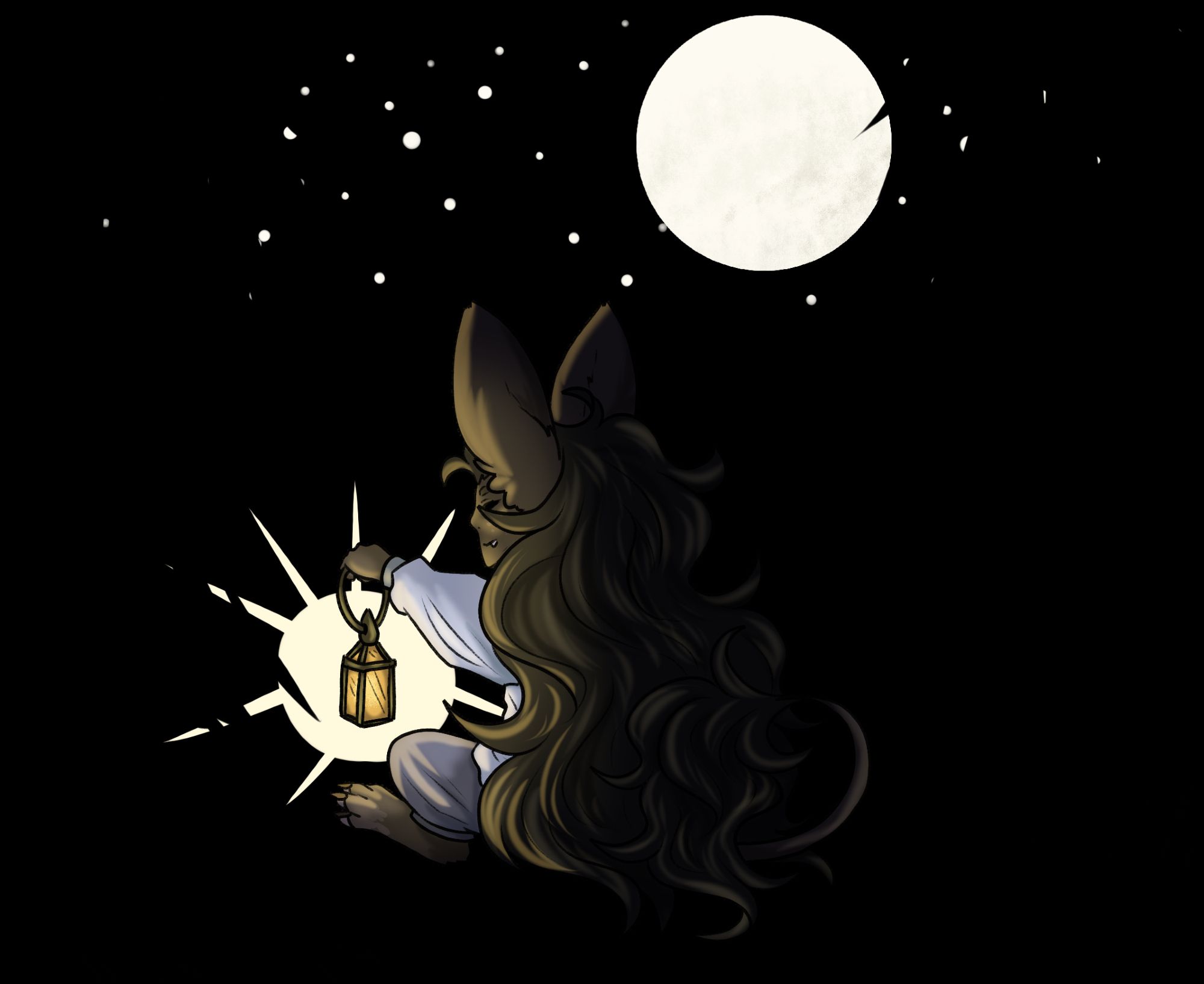 Megrez, kemonomimi with long deer ears and a unicorn tail, facing his back to the viewer while holding up a lantern. Above him are the moon and stars.