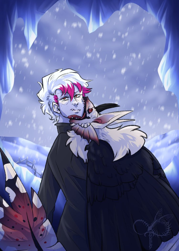 A wintery background with snow falling while a man stands in the foreground, holding an aerial kukuri on his arm. Kukuris are a closed species by unikeko, they are raptor like with some of them carrying a lot of fluff!