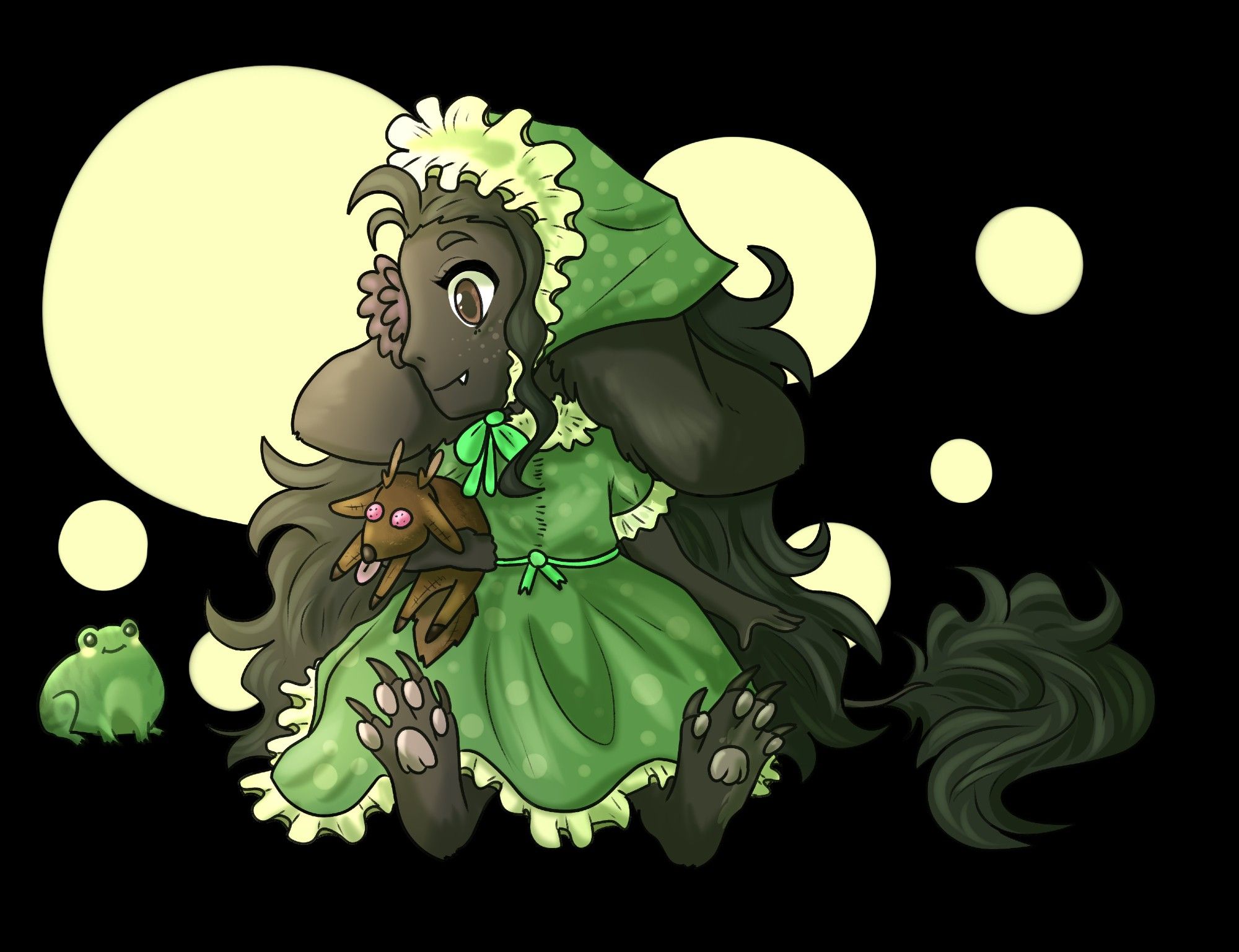 Megrez, kemonomimi with long deer ears and unicorn tail, wearing a green dress with dots on it while holding a deer plush in his arms, looking down to see an equally green frog.