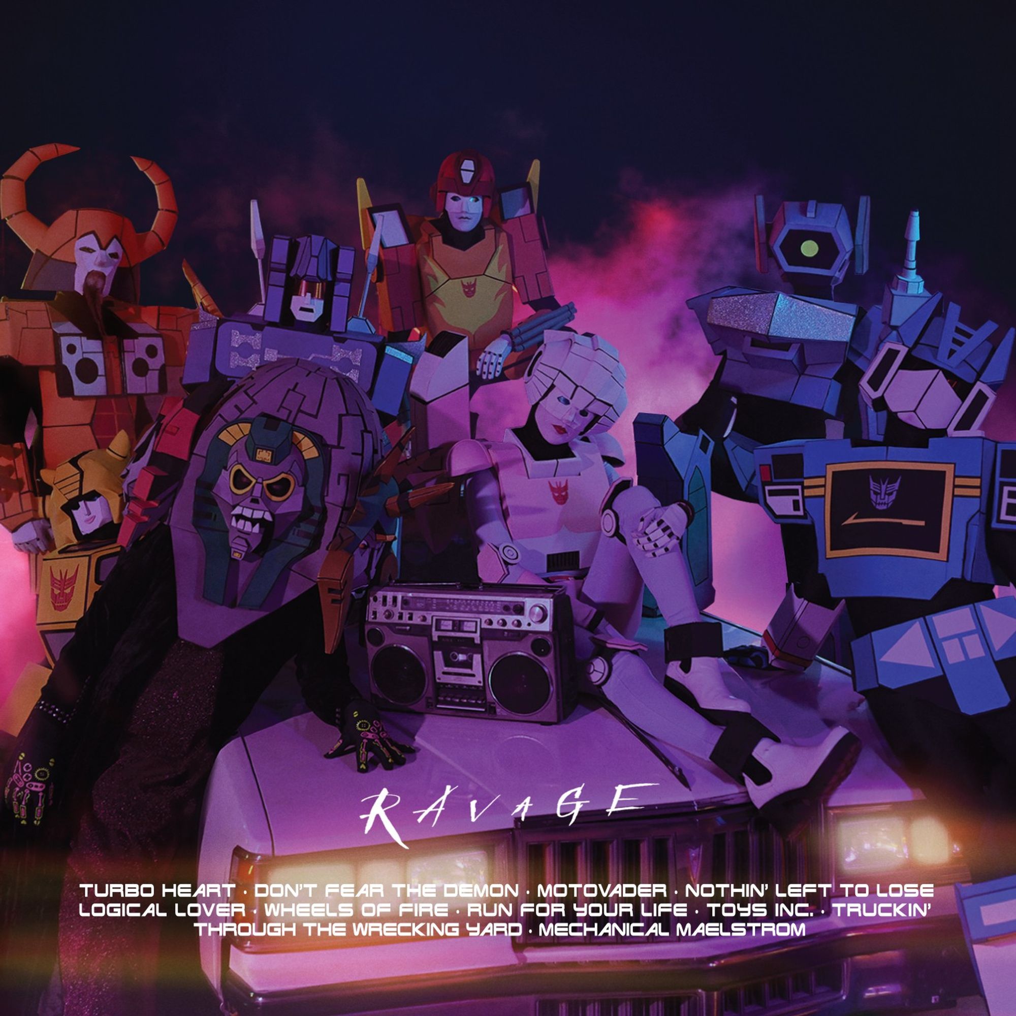 The Cybertronic Spree are pictured posed around an automobile. They are: Unicron, Rumble, Quintesson, HotRod, Arcee, Shockwave, Soundwave, BumbleBee