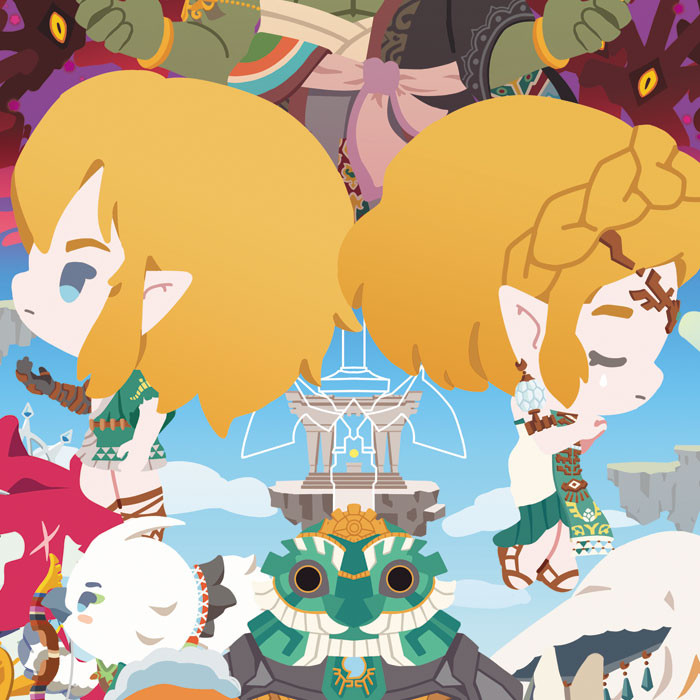 Zelda and Link are back to back in the center of the print with the white outline of the mastersword between them.