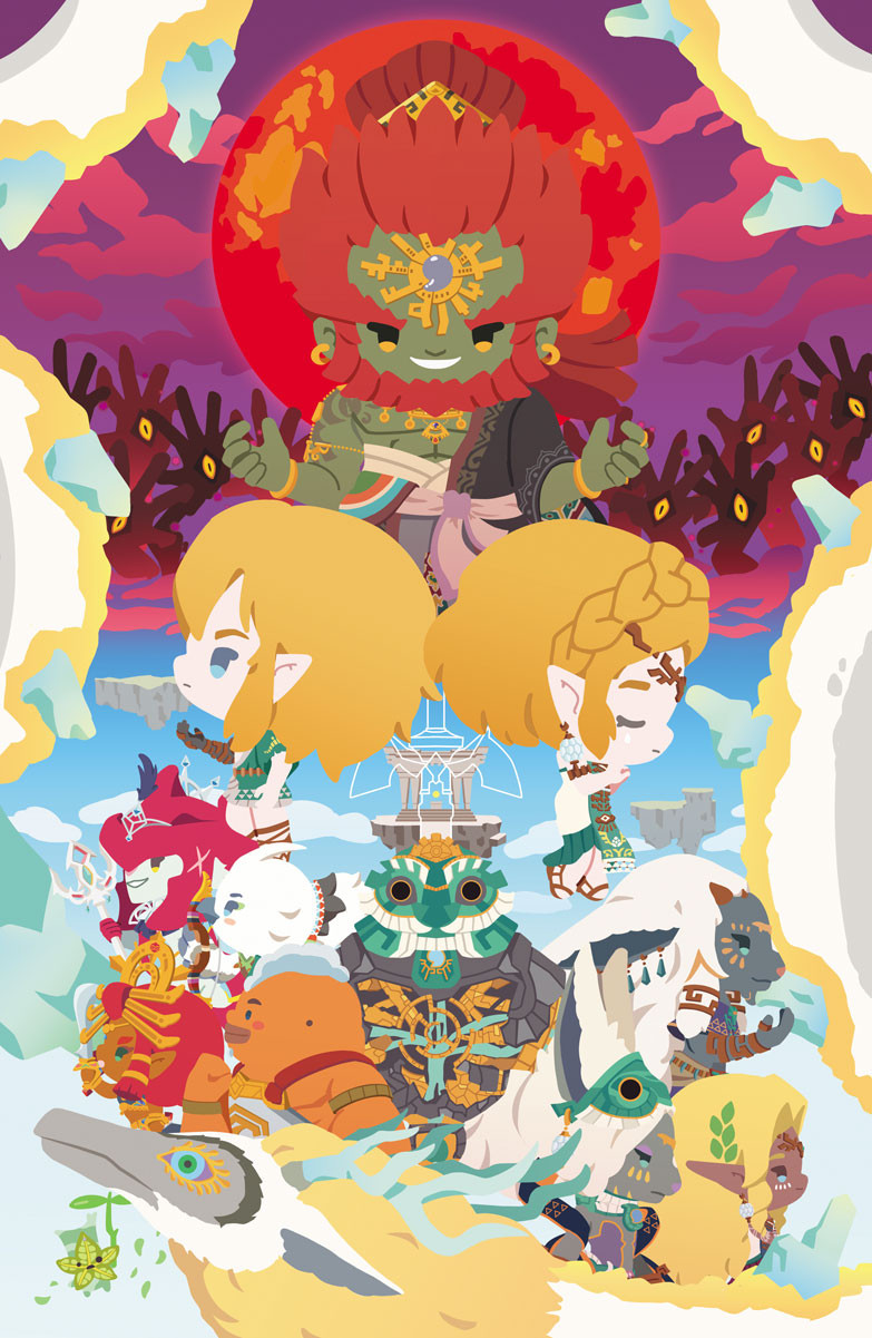 Legend of Zelda: Tears of The Kingdom poster of all the main characters but cute-fied. Ganondorf posed menacingly at the top.