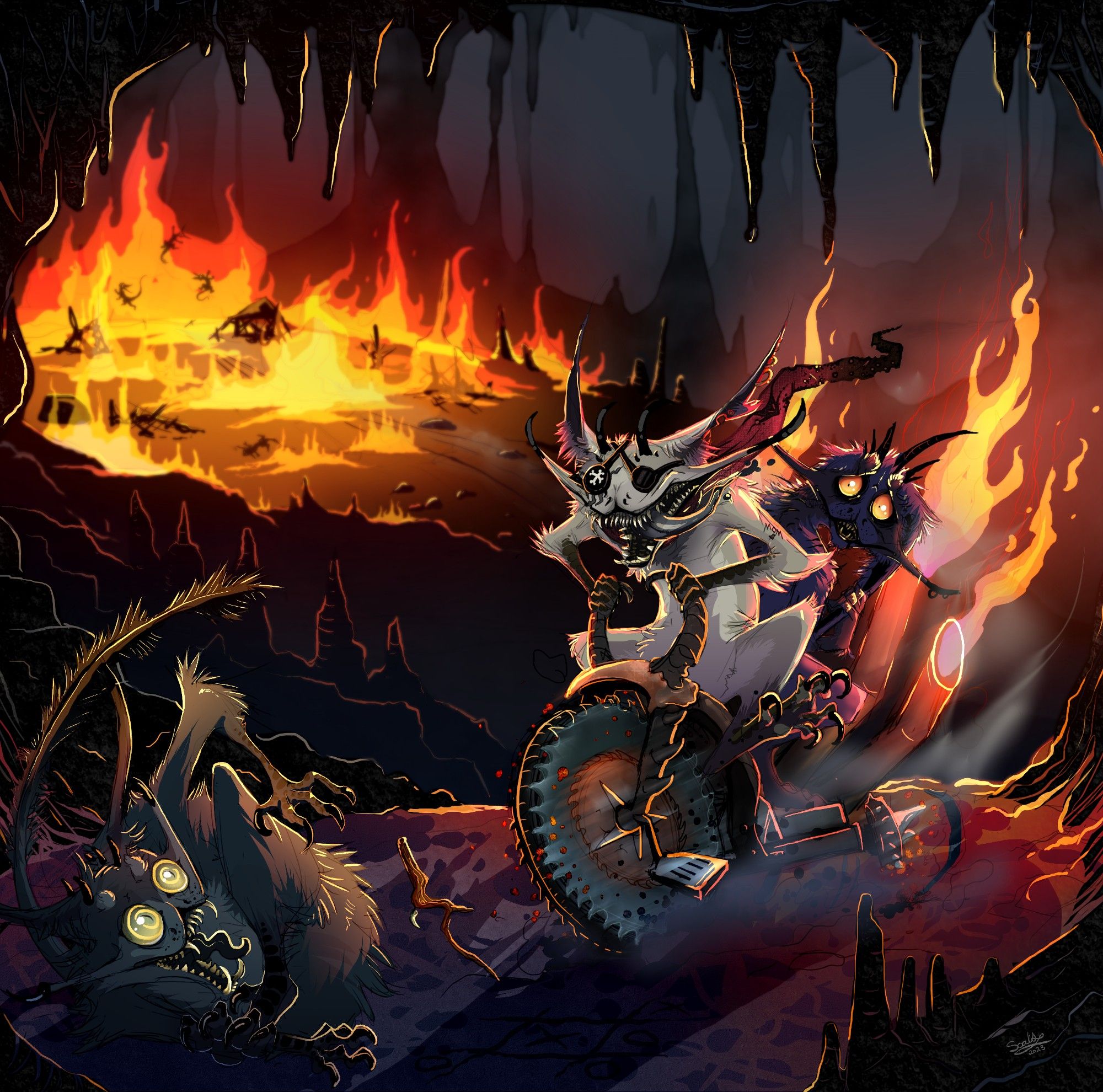 A hellscape with three cat-like imps. Two are on a gas-powered tricycle about to run over another imp who is playing tic-tac-toe in the dirt. The exhaust pipes on the bike spew fire, which has lit a distant town ablaze. #art #illustration #characterdesign #monsters