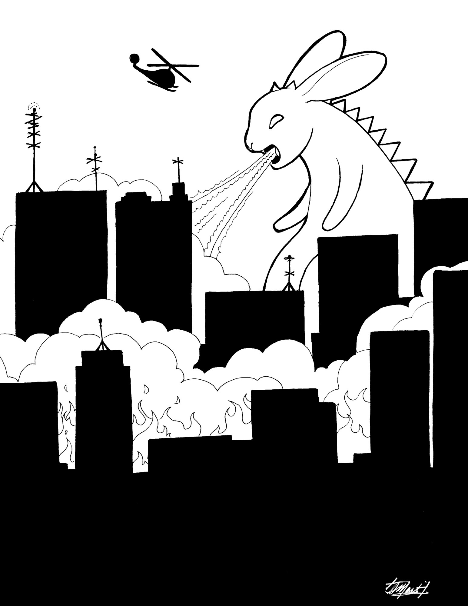 A giant Godzilla-like bunny sets a skyline on fire