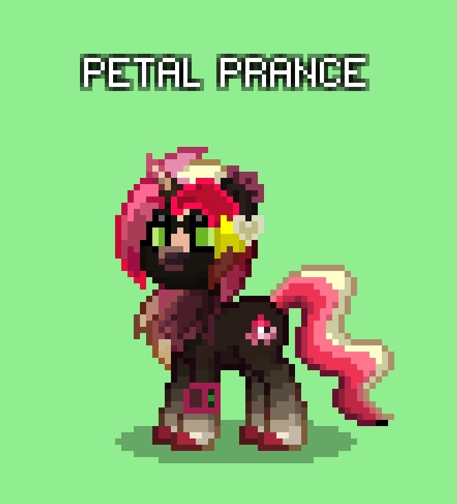 petal prance, a unicorn mare with a hidden special magical ability. she is very similar to her mother eve except her coat is deep brown and it gradients to tan at the leg tips, with red hoof tips, and her eyes are bright green. her mane is streaked in red, petal pink and golden blonde