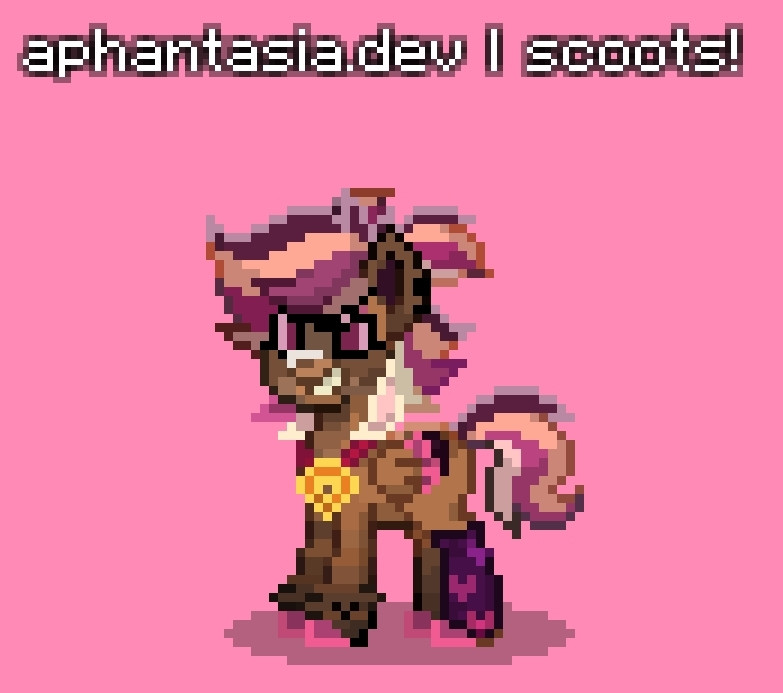 a redesign of scootaloo with golden and pink streaks in her hair, a golden medallion on a red lanyard across her chest, brown accent fur on her ear, legs and nose, and bright magenta eyes. she's wearing a pink leg cast signed by the other three cmc