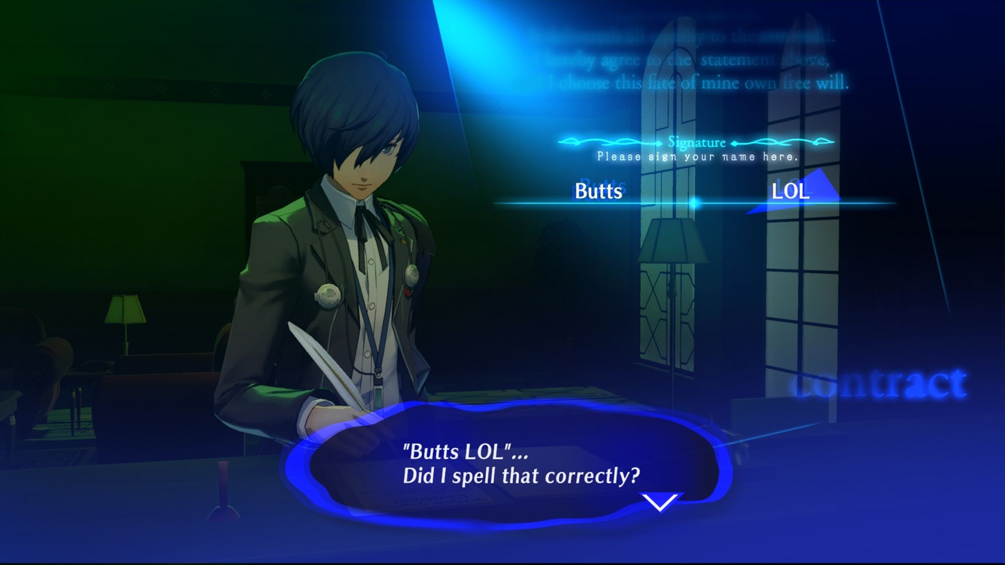 It's the scene of the contract sign in Persona 3 Reload.

The main character can be seen signing their name. A beautiful and mature game that only a mature gamer such as myself might use.

There's a text: "Butts LOL"... Did I spell that correctly?