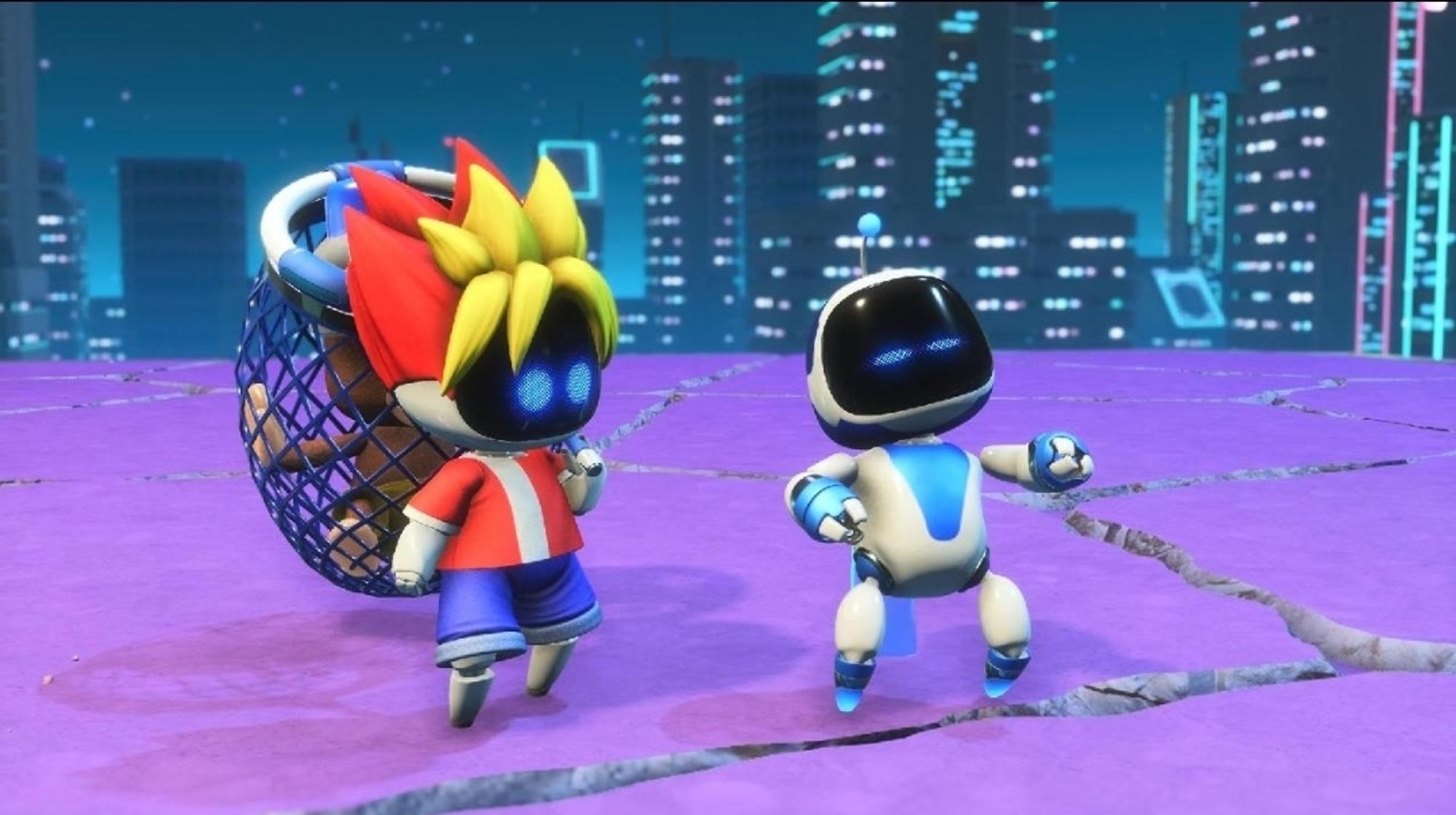 Astro Bot and a bot version of the protagonist of Ape Escape, holding an ape on his net.