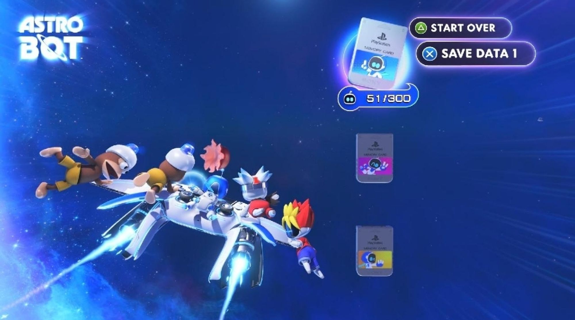 The save selection in Astro Bot. Each save is a small PS1 memory card.