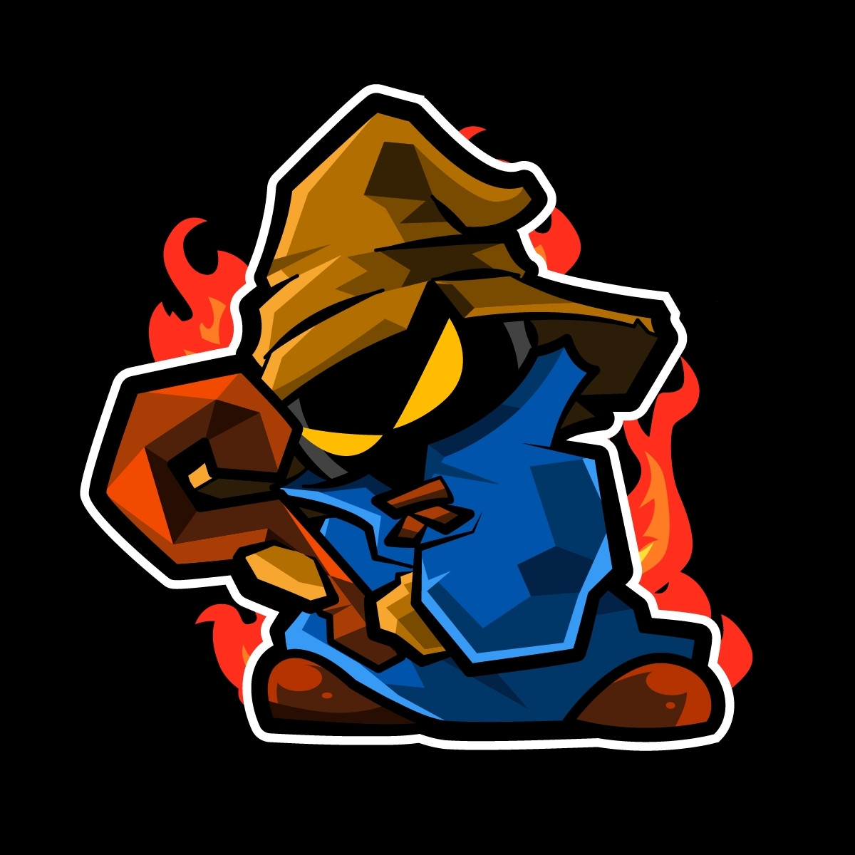 It's a Black Mage from Final Fantasy. It has an angry expression and some flames behind.