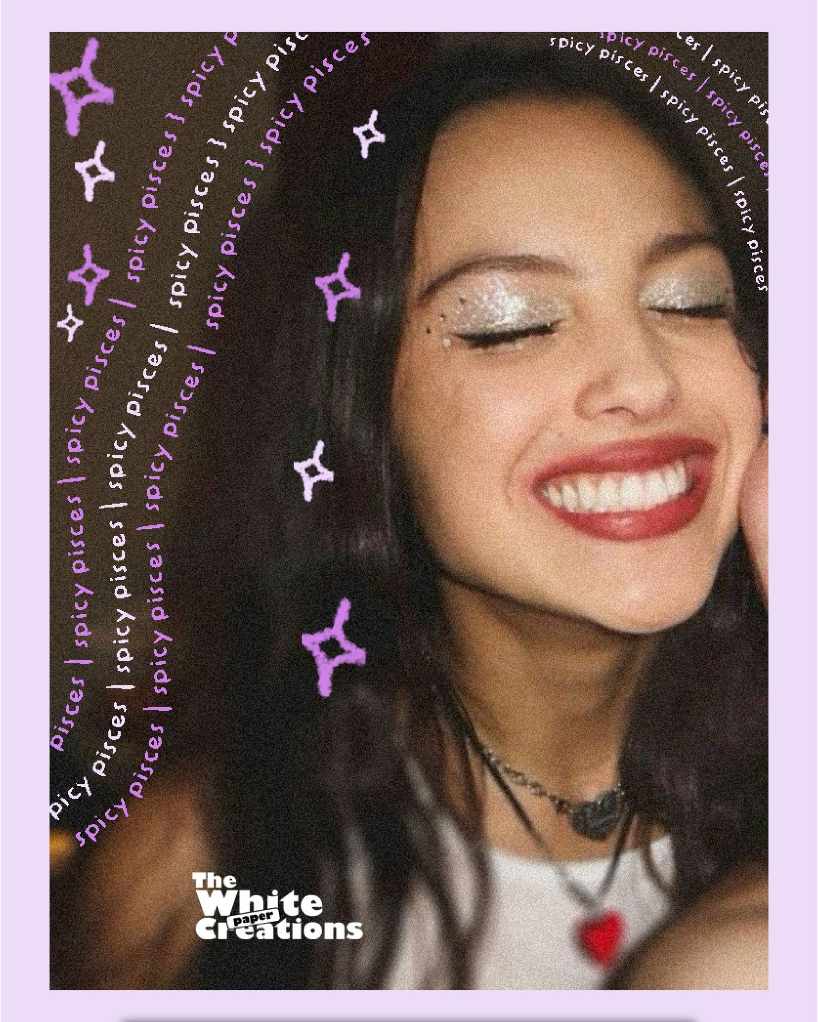 olivia rodrigo fan art with the text 'spicy pisces' around her head. its a polaroid photo