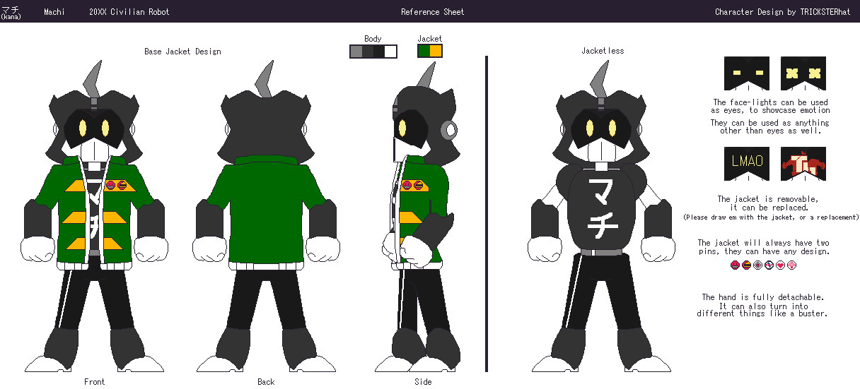 A reference sheet of the character Machi.
Including the design for the Jacket, the body as is, as well as other aspects such as the function of it's eyes, the pins of the jacket and the Kana for Machi.