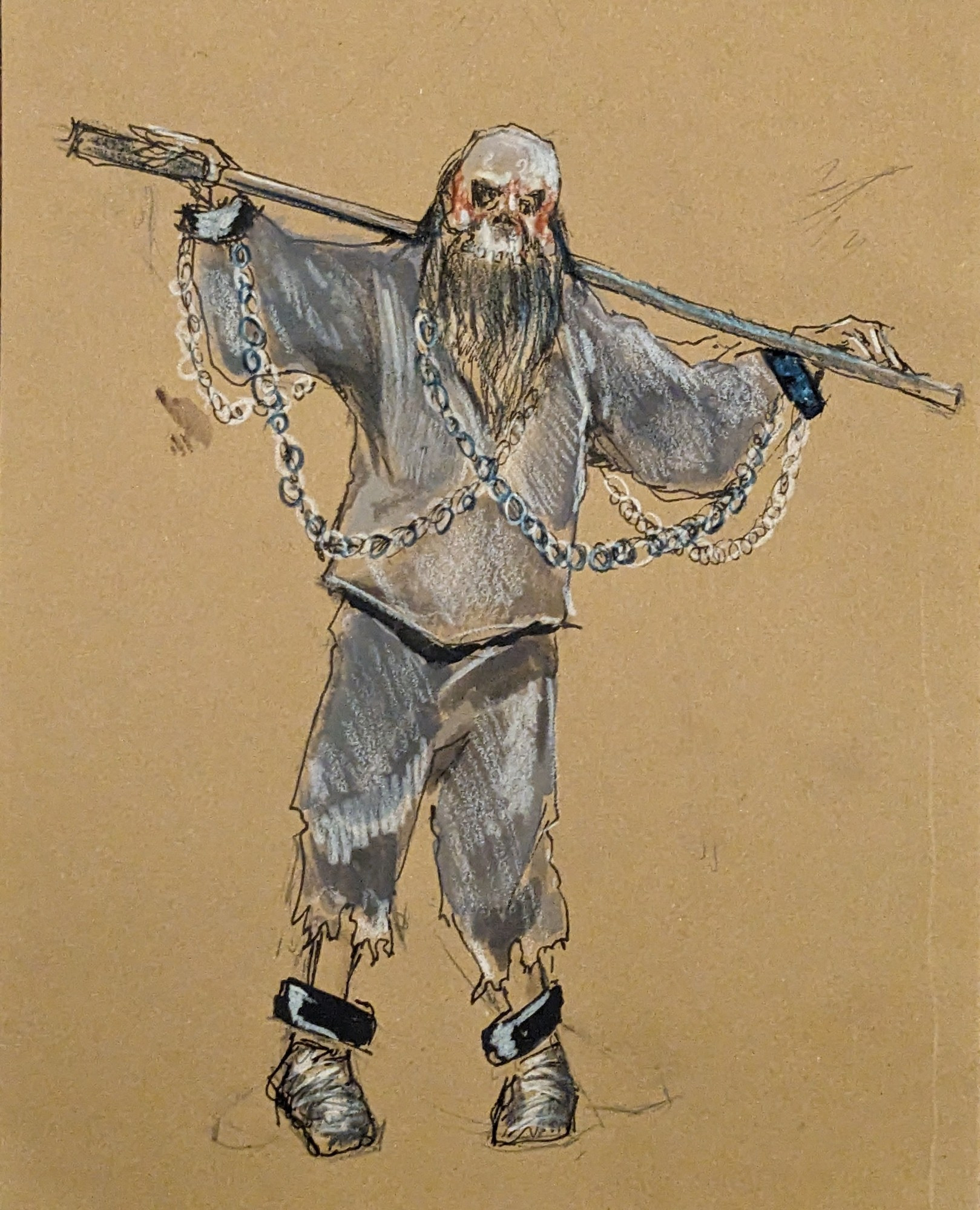 Sketch by Kannon Rickell, ink wash & highlights by Sally, on kraft paper of the character named "Shackles," a pathetic wretch dressed in bloodied rags and chains who staggers through "The Gauntlet," a ScareZone at Knott's Scary Farm