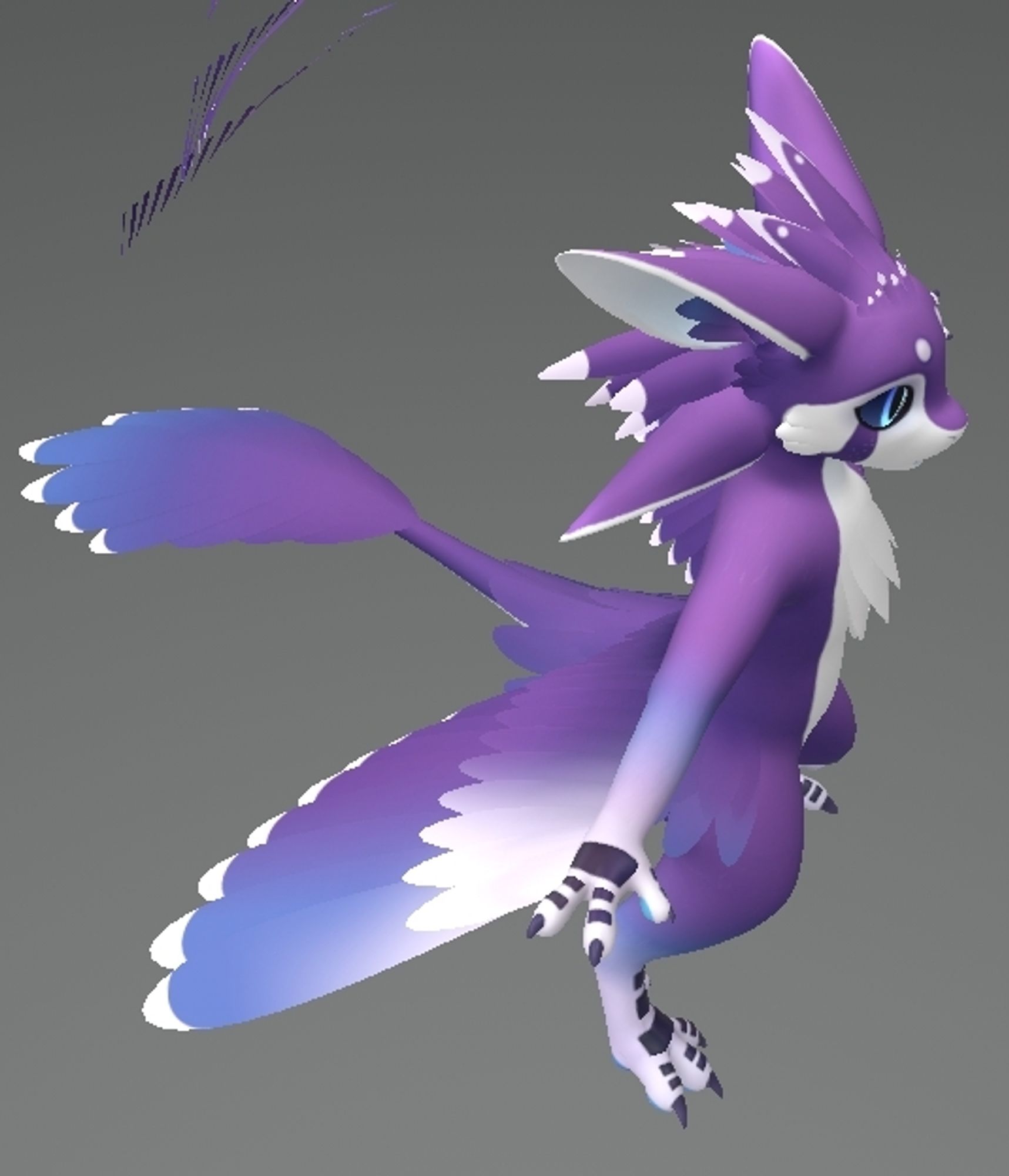 A purple avali with light blue to white gradients along its limbs. Avali are raptor-like, feathered creatures with 4 long ears.