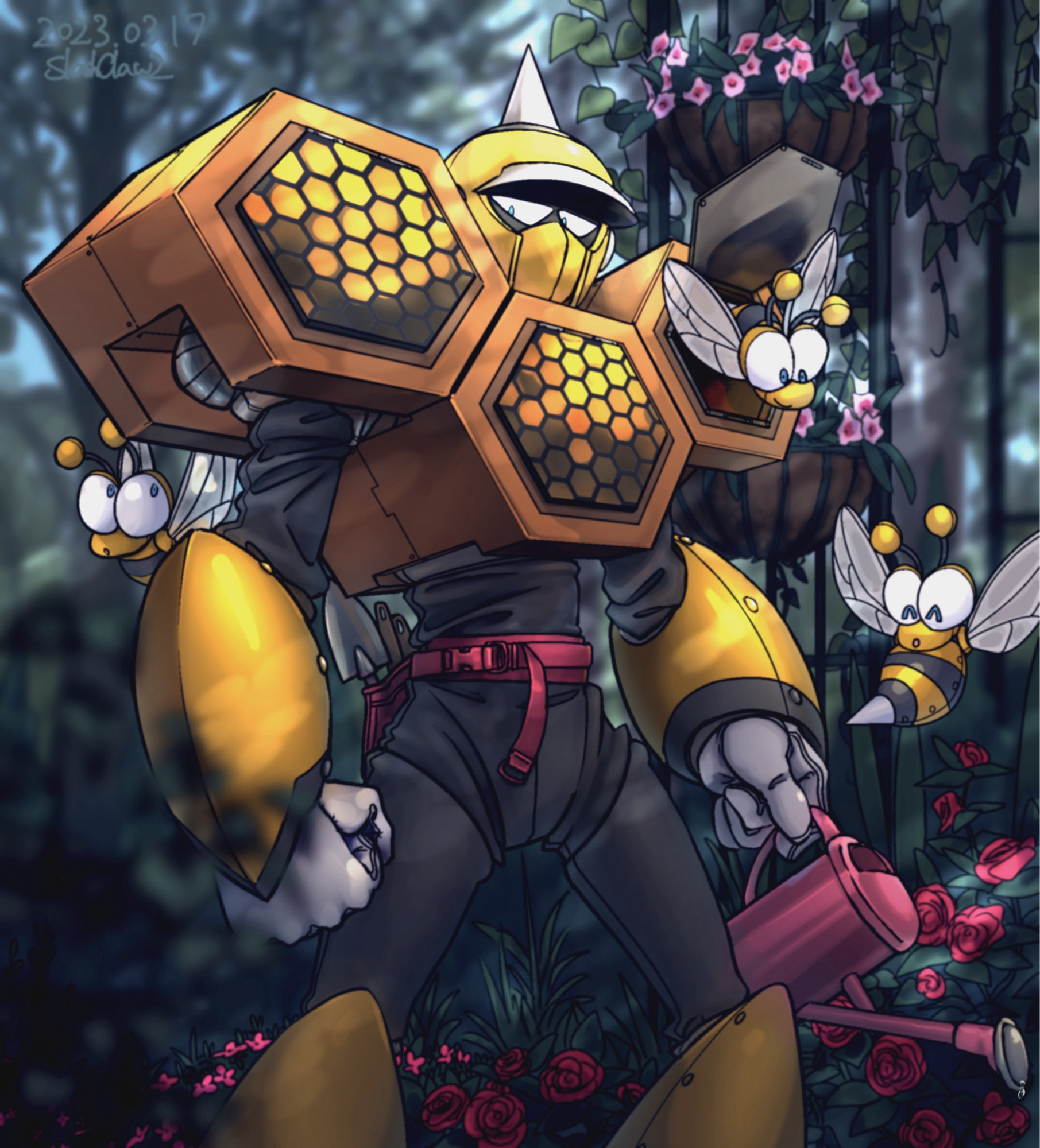 Hornet Man from "Mega Man 9". Fan art. Digital art. He is a humanoid male with armor that looks like a beehive. He is standing in a garden, holding a pink watering can in his left hand. Flying around him are three small hornet-shaped robots called "Hornet Chasers".