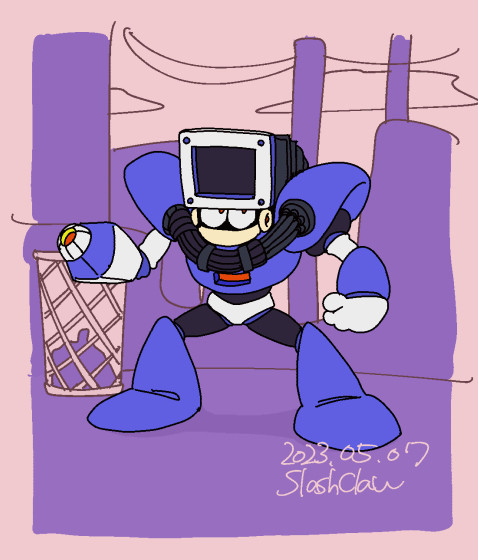 Dustman from Mega Man 4. Fan art. Animation. He is pouring the contents of his Energy Tank into the hole in the square vacuum cleaner installed above his head. He also dumps the empty Energy Tank into the same hole.