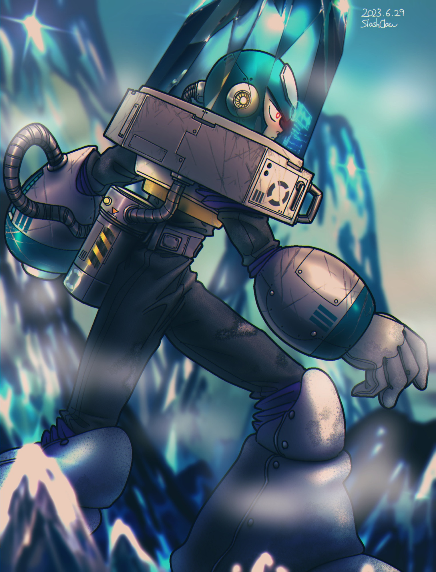 Chill Man from Mega Man 10. fan art. Chill Man is a humanoid robot who seemingly wears a black suit, His head is covered with a large icicle. He is shown walking towards the right, surrounded by icebergs.