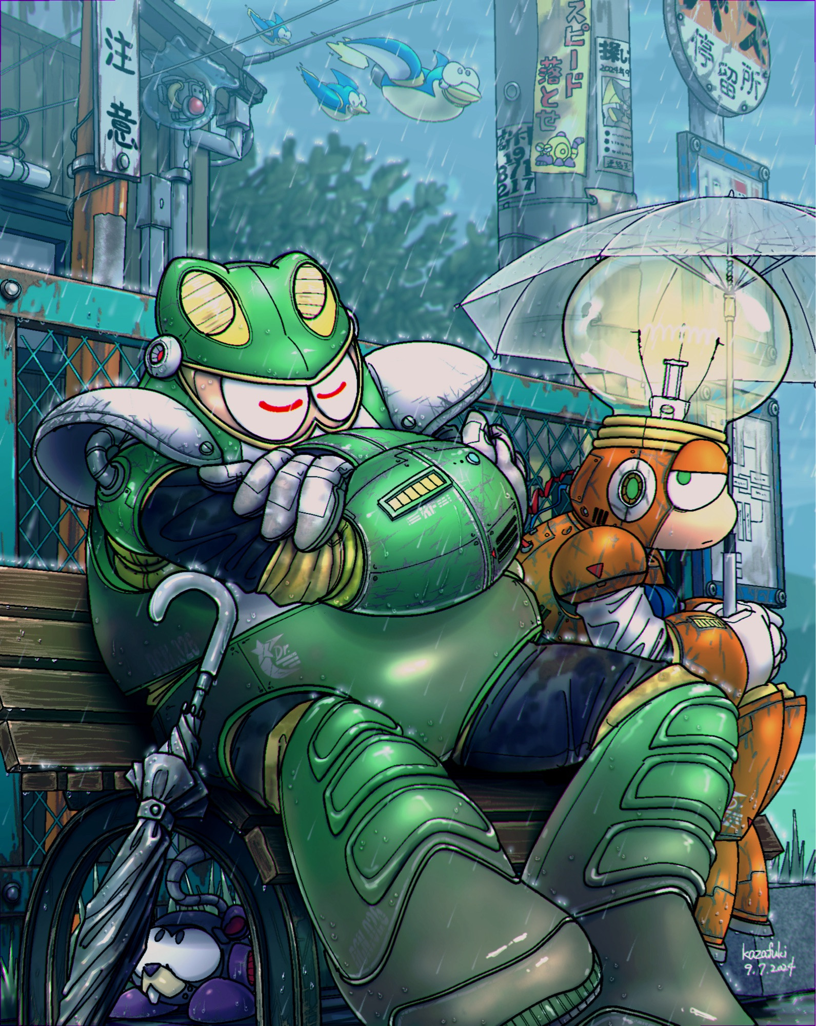 Toadman and Brightman from Mega Man 4. Fan art. Digital art. Toadman and Brightman are sitting on a bench in the rain. Brightman has an umbrella, but Toadman doesn't.