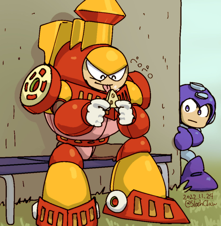 Chargeman from "Mega Man 5". He is sitting on a bench licking cheese with a smile on his face. Mega Man is watching from the shadows.