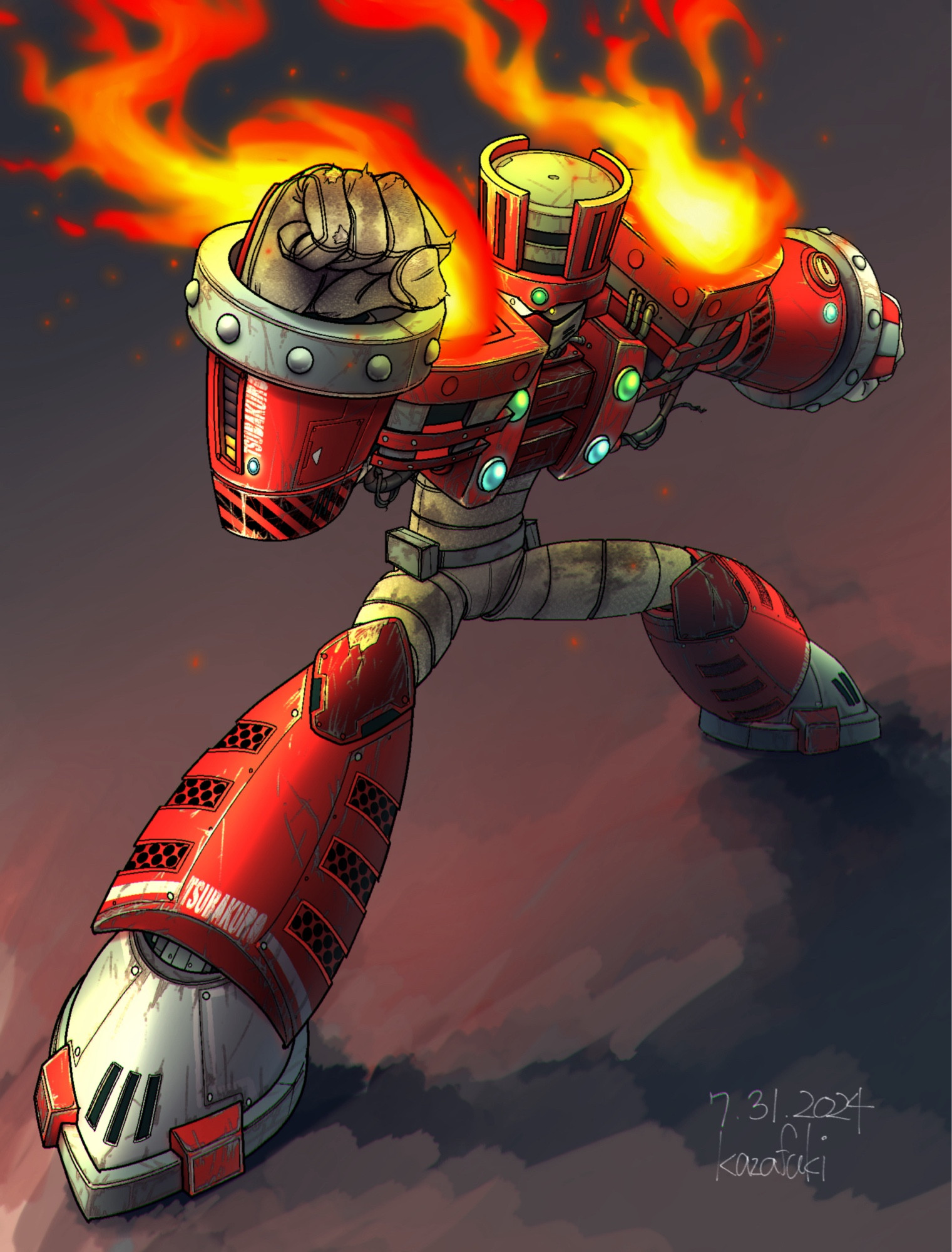 Torch Man from Mega Man 11. Fan art. Digital art. He is a humanoid male in red armor. Flames are burning from both his shoulders. He has a fist clenched in his right hand.