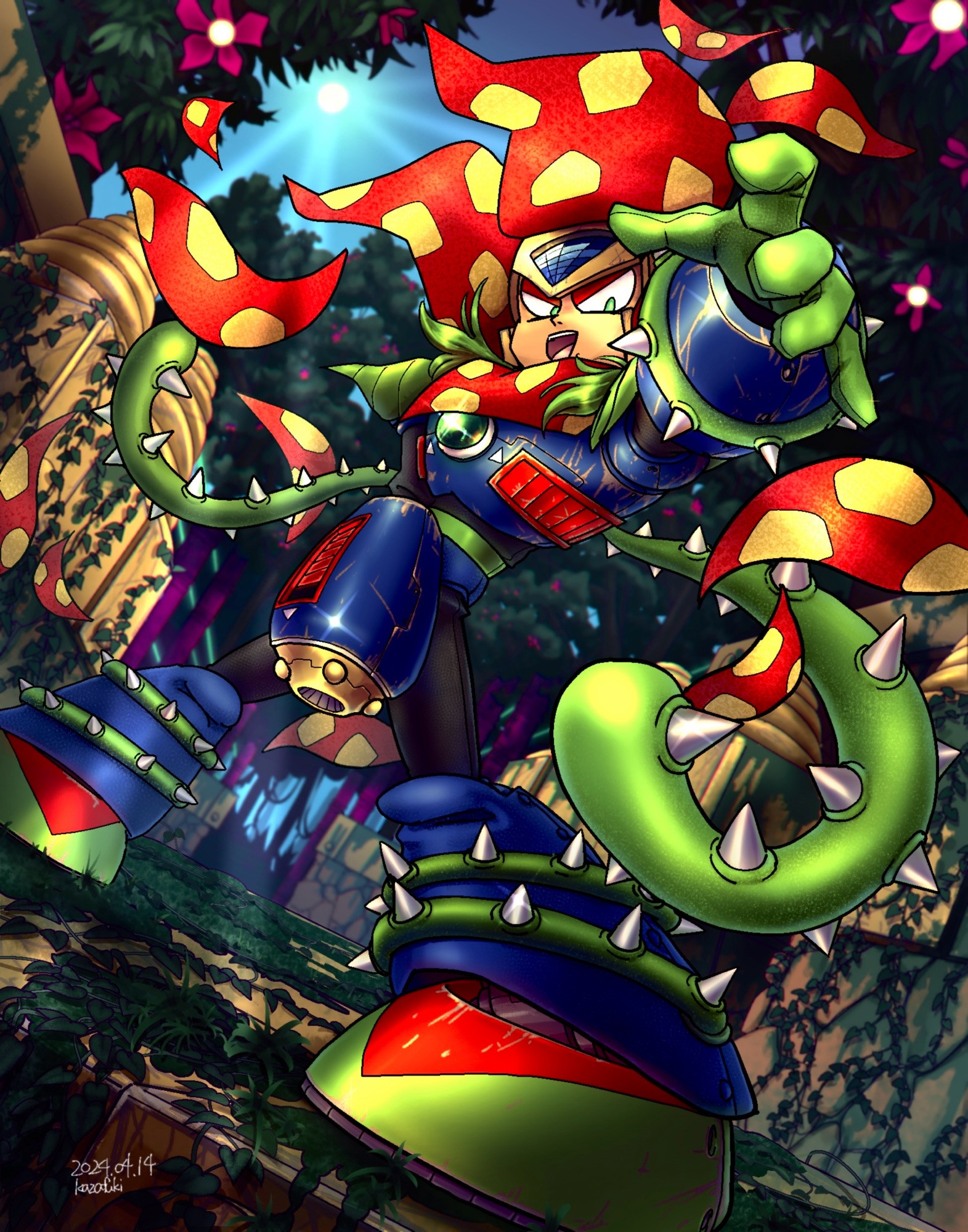 Plant Man from "Mega Man 6". Fan art. Plant Man is standing in what appears to be a Plant Man stage. There are plant barriers flying around him.