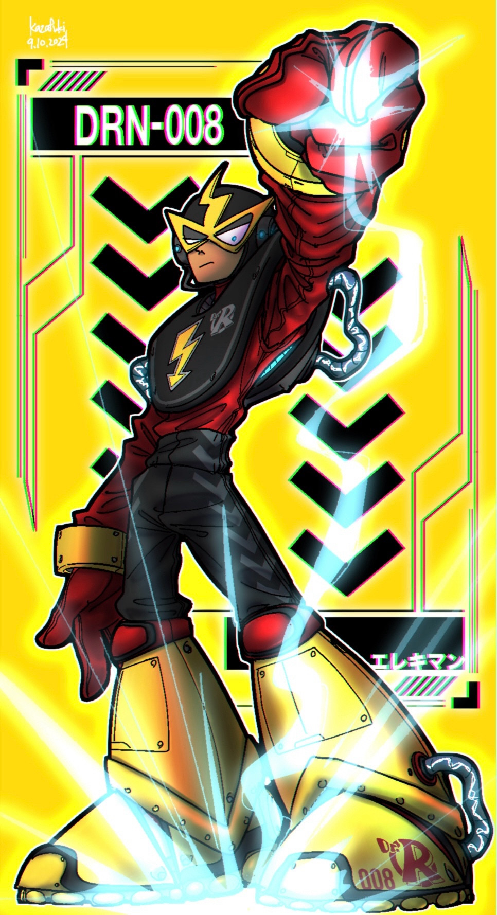 Elecman from Mega Man. Fan art. Digital art. He is a humanoid wearing a mask with a lightning motif. He is standing and looking down. He is shooting lightning from his raised left hand.