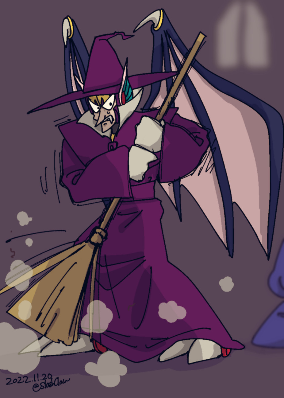 Shade Man from "Mega Man 7." He's dressed as a witch and sweeping the floor with a broom.