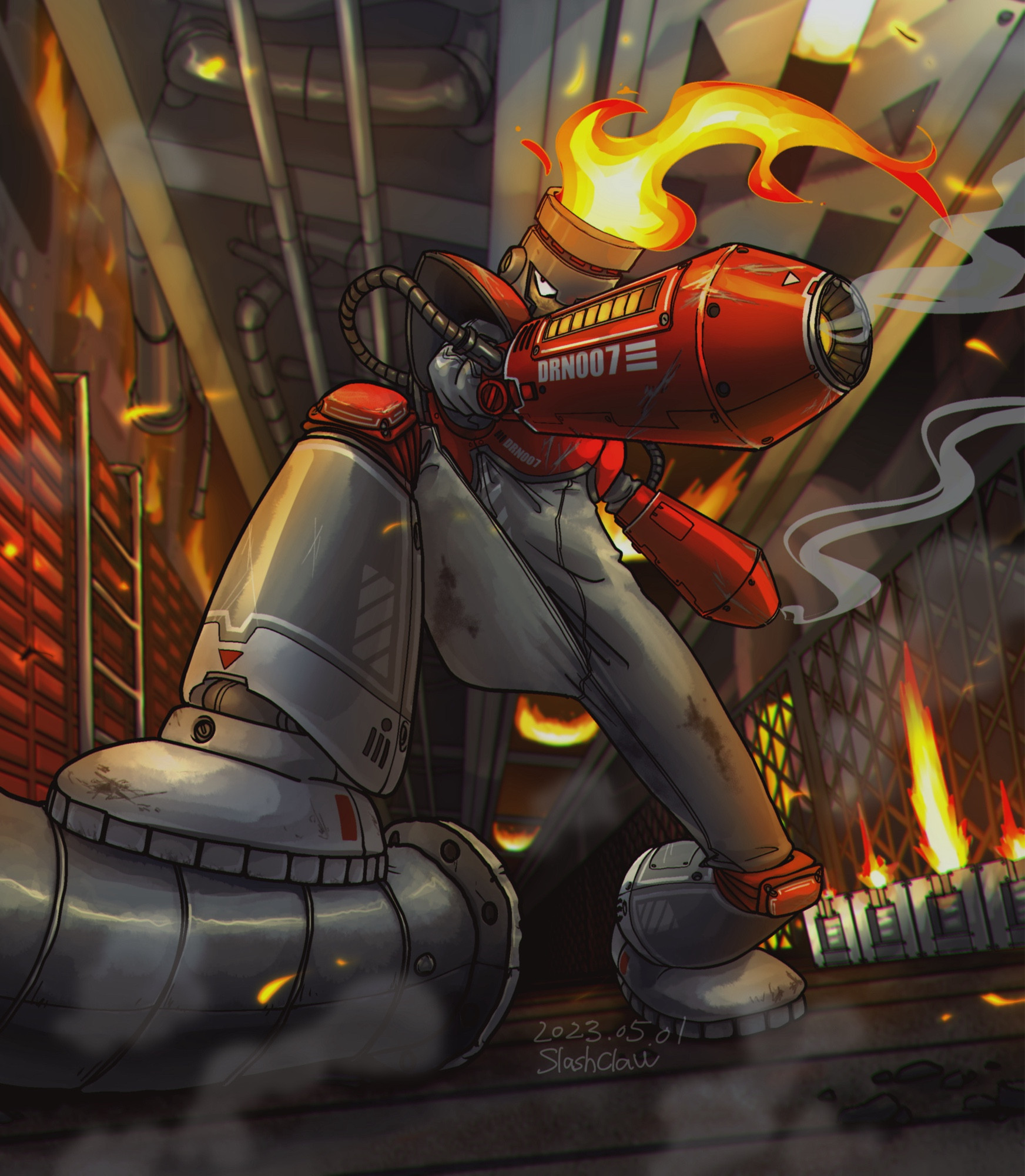 Fireman from "Mega Man". Fan Art. Digital art. Humanoid man in red armor. Flames burn from his head. His hand is in the shape of a gunbuster and smoke is coming out of his muzzle.